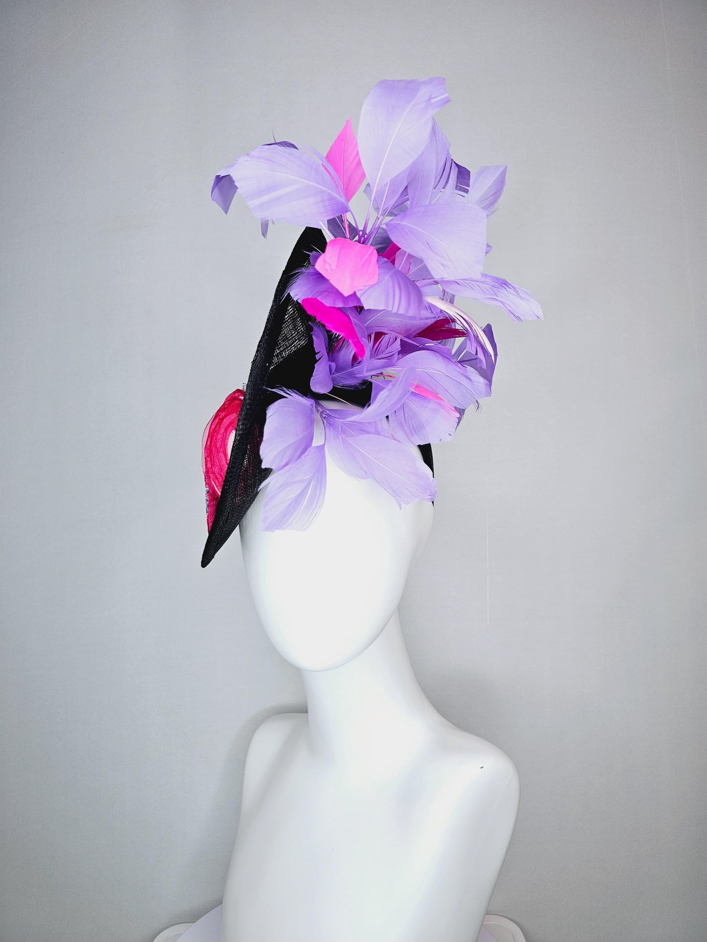 kentucky derby hat fascinator black sinamay saucer with raspberry pink baby pink organza satin flowers lavender purple pink feathers