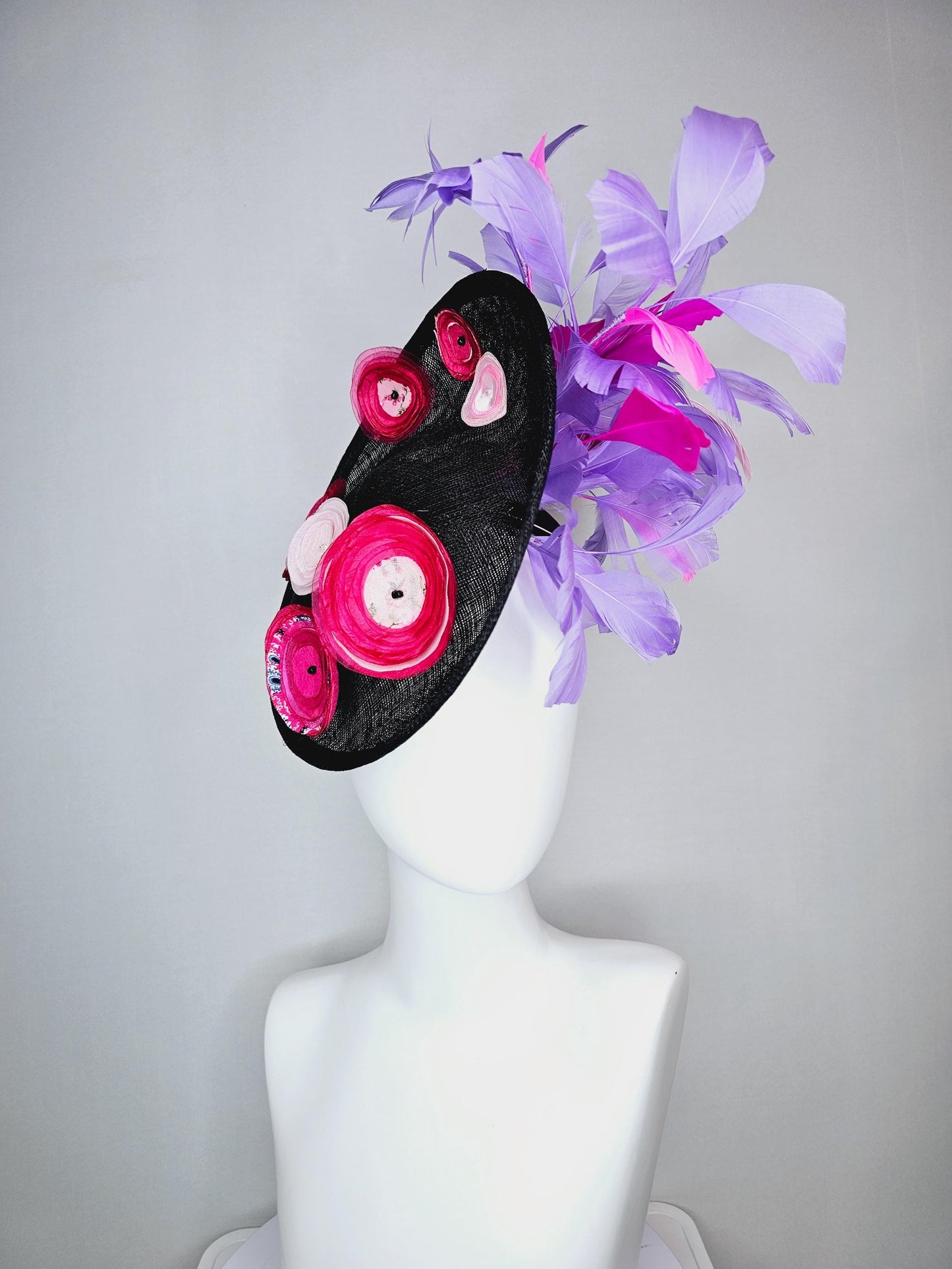kentucky derby hat fascinator black sinamay saucer with raspberry pink baby pink organza satin flowers lavender purple pink feathers