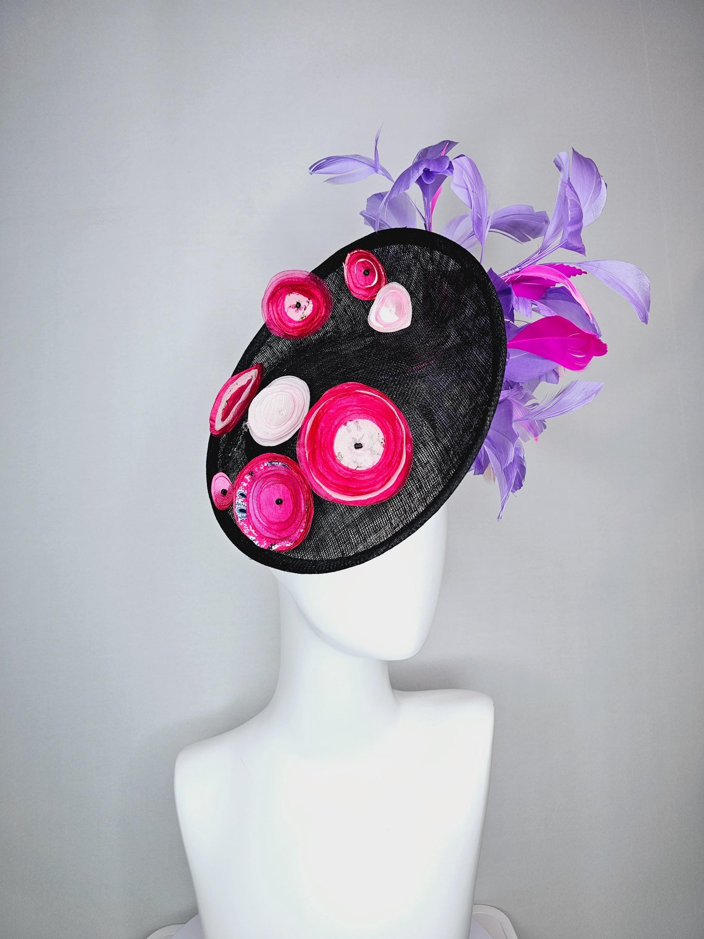 kentucky derby hat fascinator black sinamay saucer with raspberry pink baby pink organza satin flowers lavender purple pink feathers