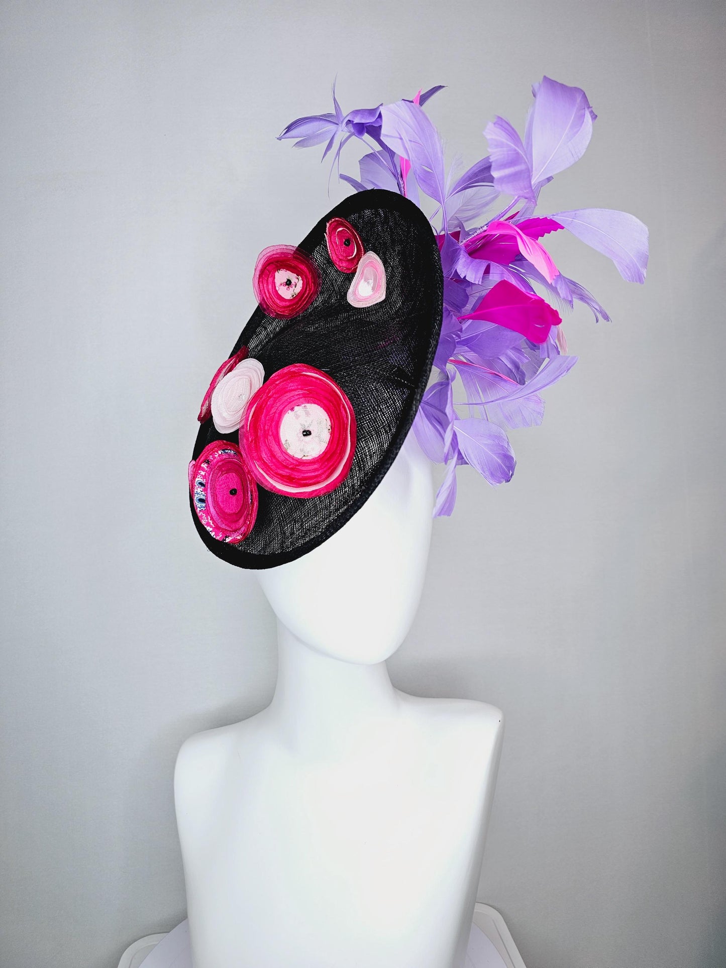 kentucky derby hat fascinator black sinamay saucer with raspberry pink baby pink organza satin flowers lavender purple pink feathers