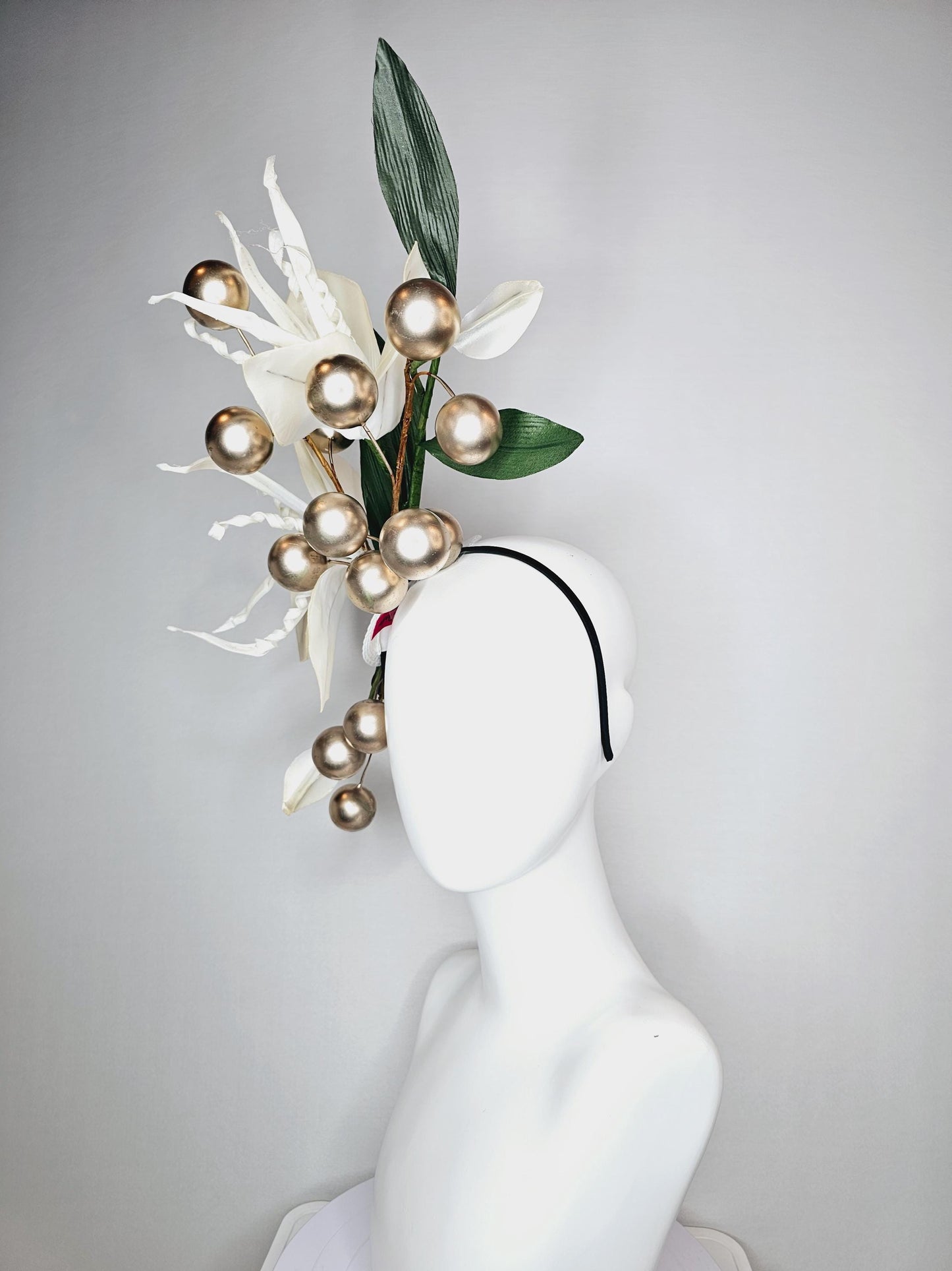kentucky derby hat fascinator large ivory white satin silk flowers with large dark green leaves and gold pearls