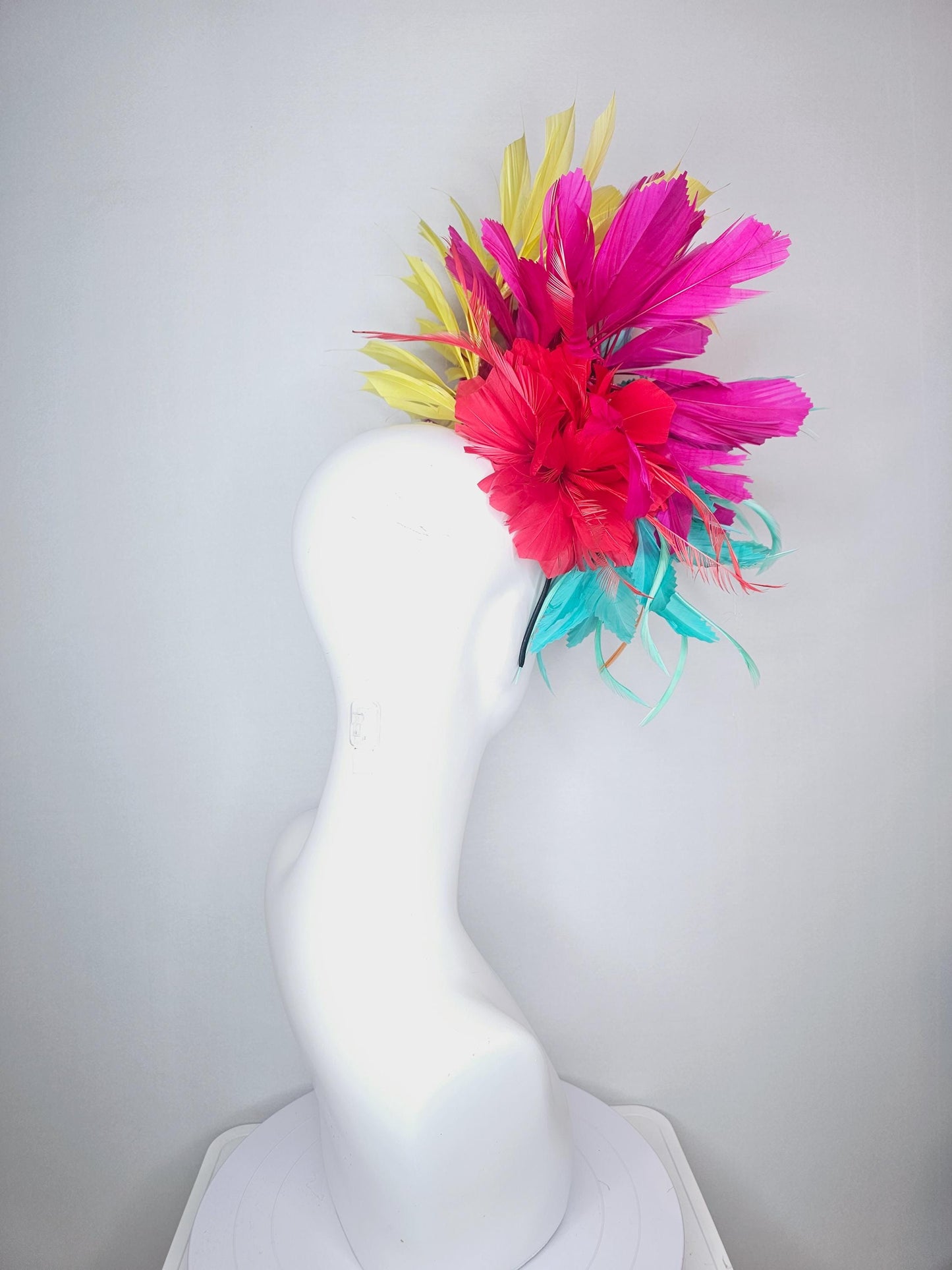 kentucky derby hat fascinator colorful fluffy aqua blue zigzag feather flower and hot pink fuchsia cherry red yellow branching feathers
