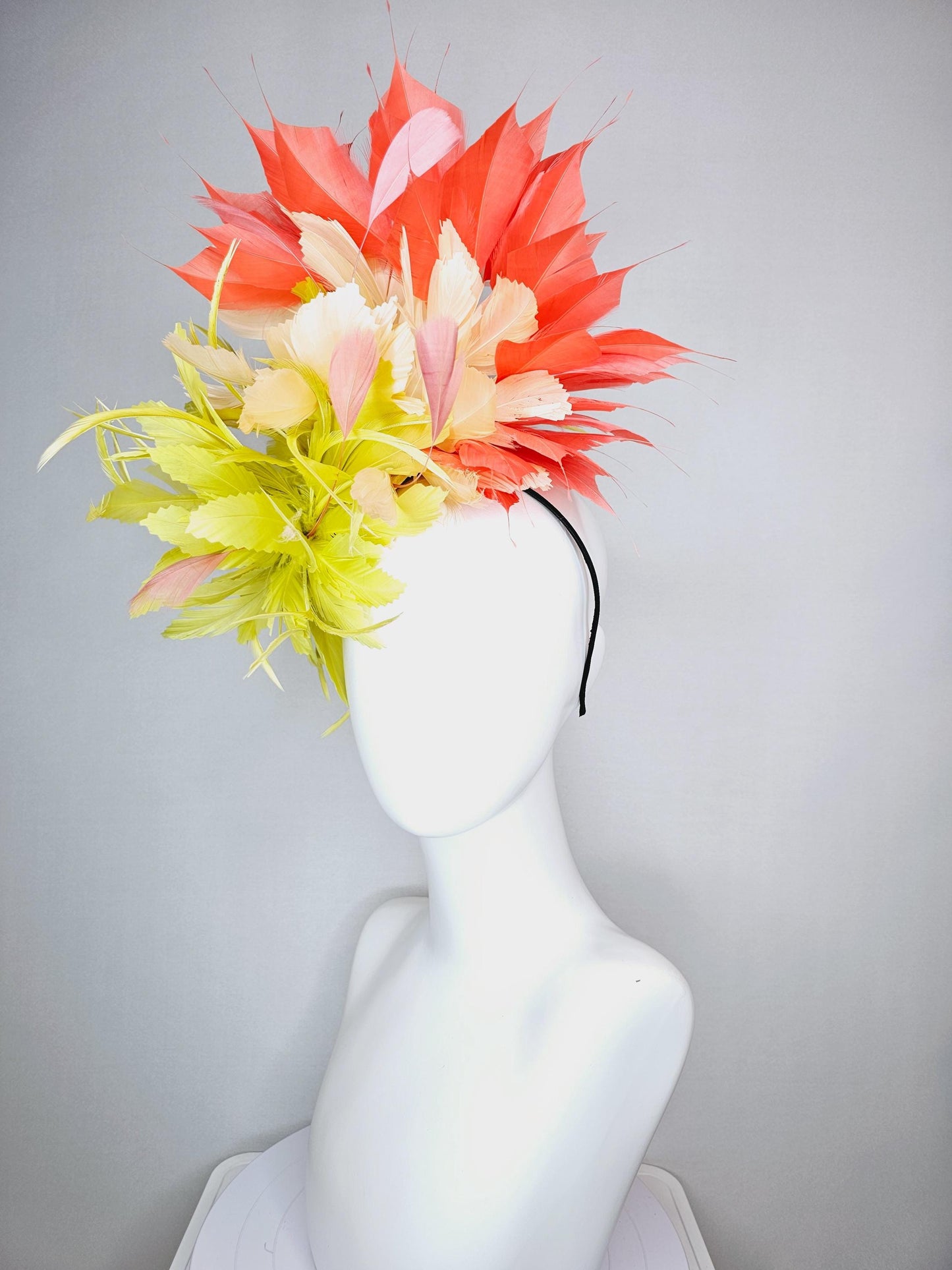kentucky derby hat fascinator fluffy lemon yellow zigzag feather flower and light yellow peach orange branching feathers