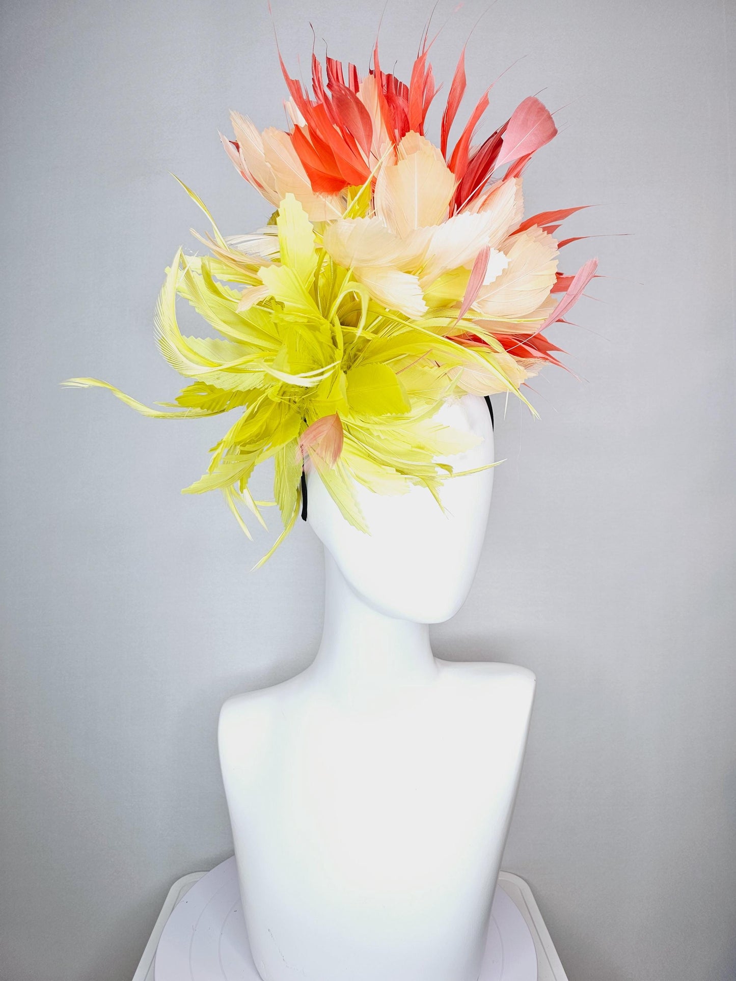 kentucky derby hat fascinator fluffy lemon yellow zigzag feather flower and light yellow peach orange branching feathers