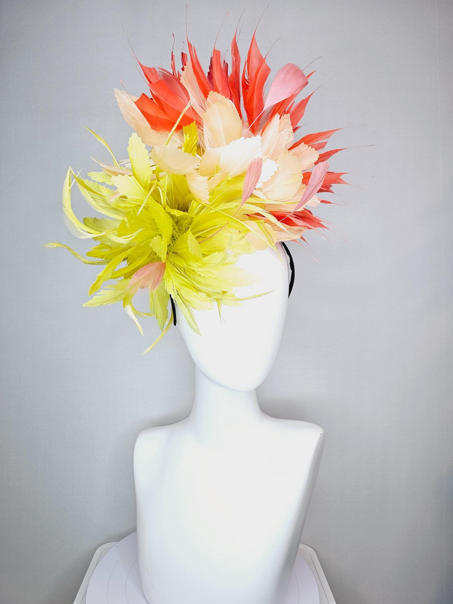 kentucky derby hat fascinator fluffy lemon yellow zigzag feather flower and light yellow peach orange branching feathers