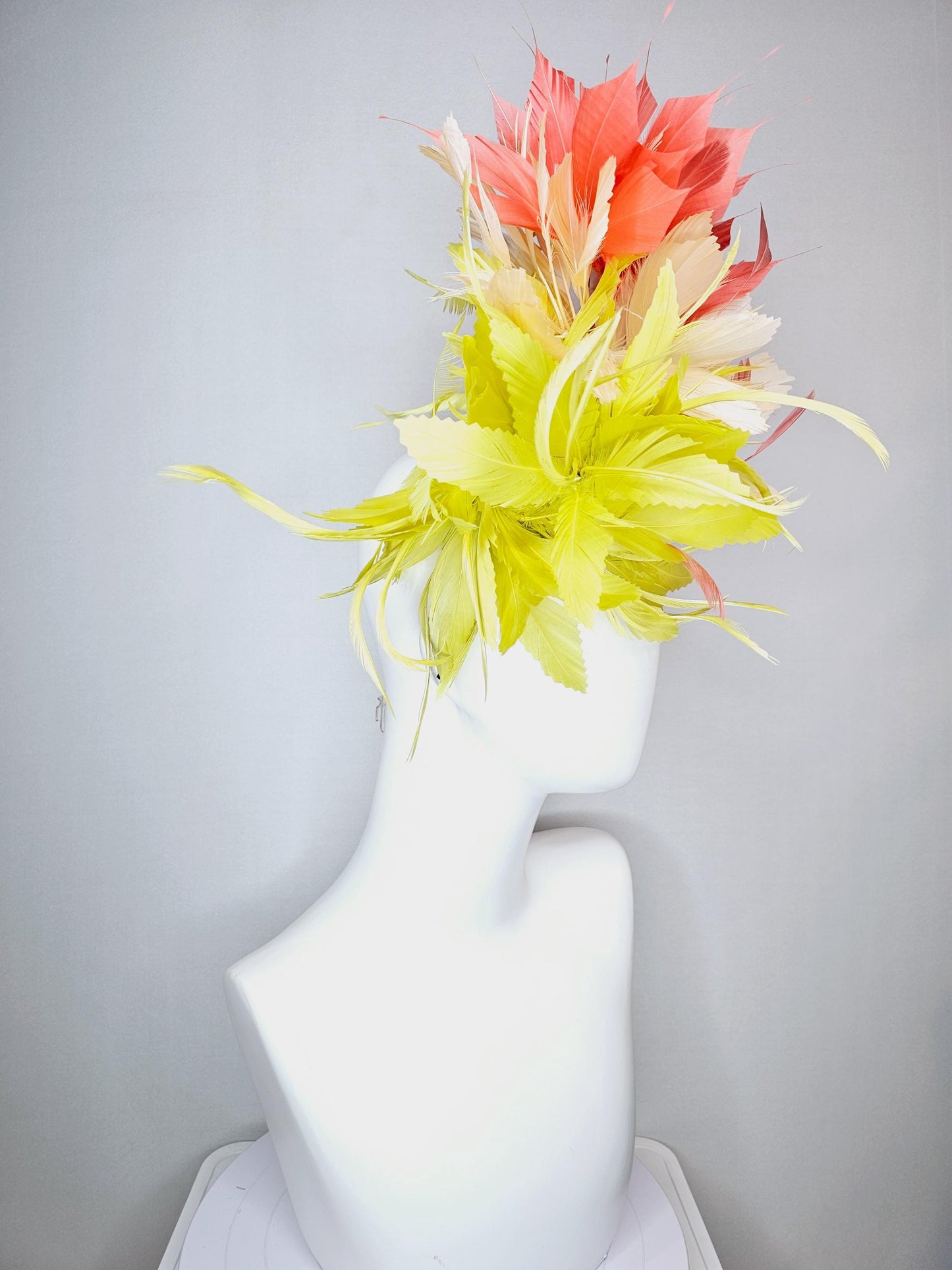 kentucky derby hat fascinator fluffy lemon yellow zigzag feather flower and light yellow peach orange branching feathers