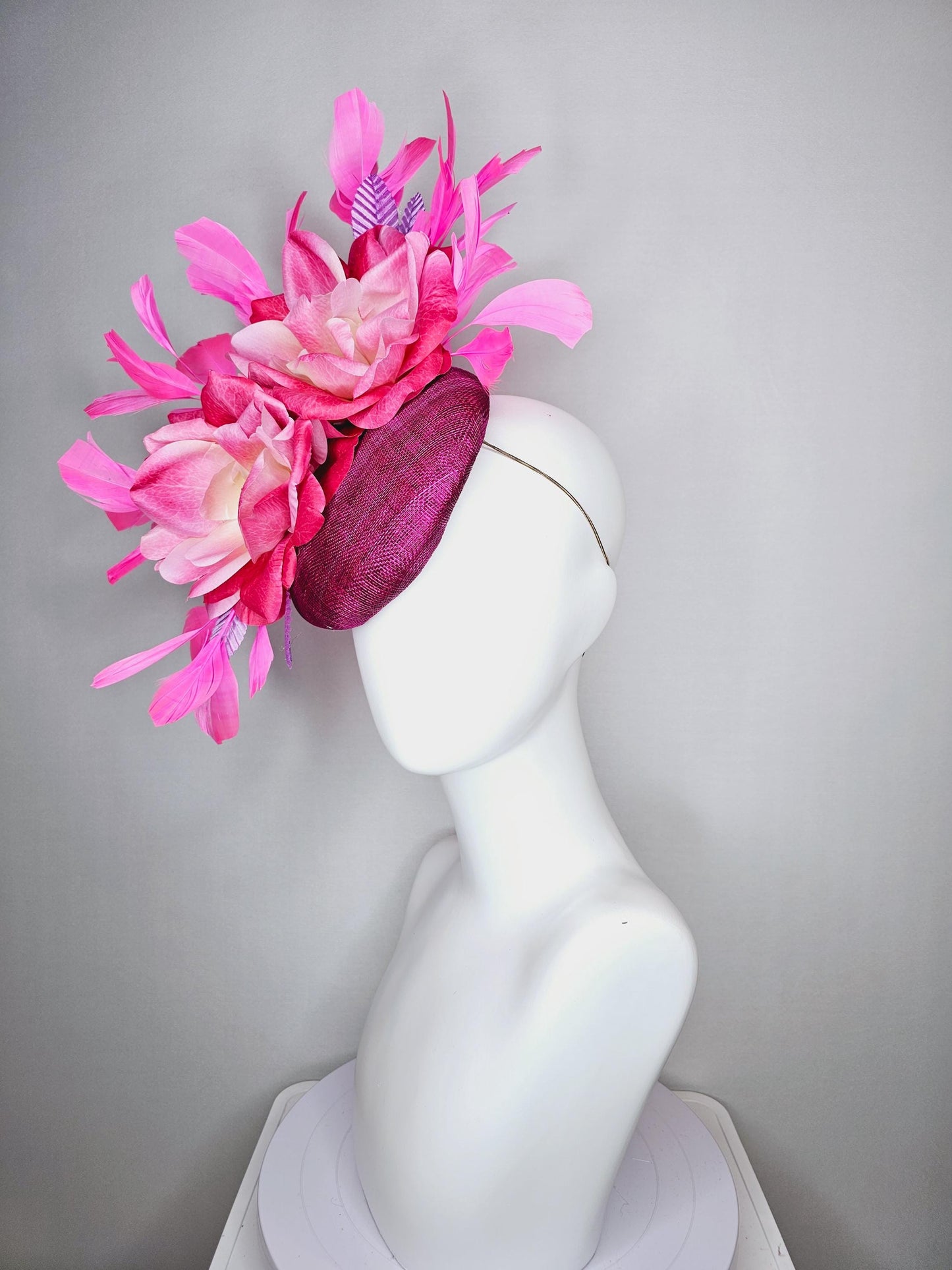 kentucky derby hat fascinator magenta purple sinamay with ombre raspberry pink satin flowers lavender leaves and pink branching feathers