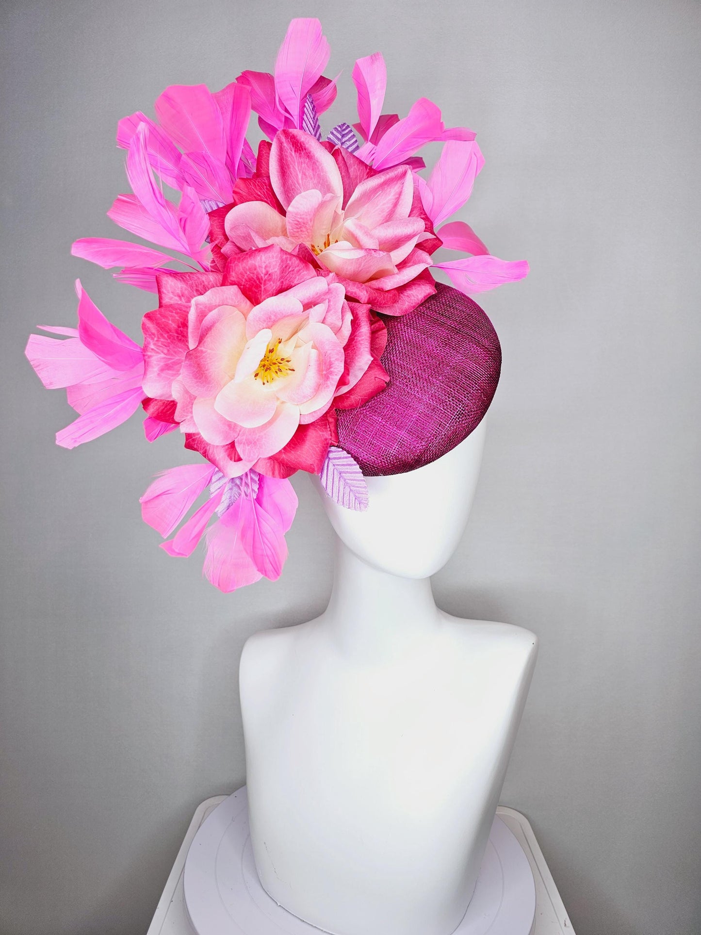 kentucky derby hat fascinator magenta purple sinamay with ombre raspberry pink satin flowers lavender leaves and pink branching feathers
