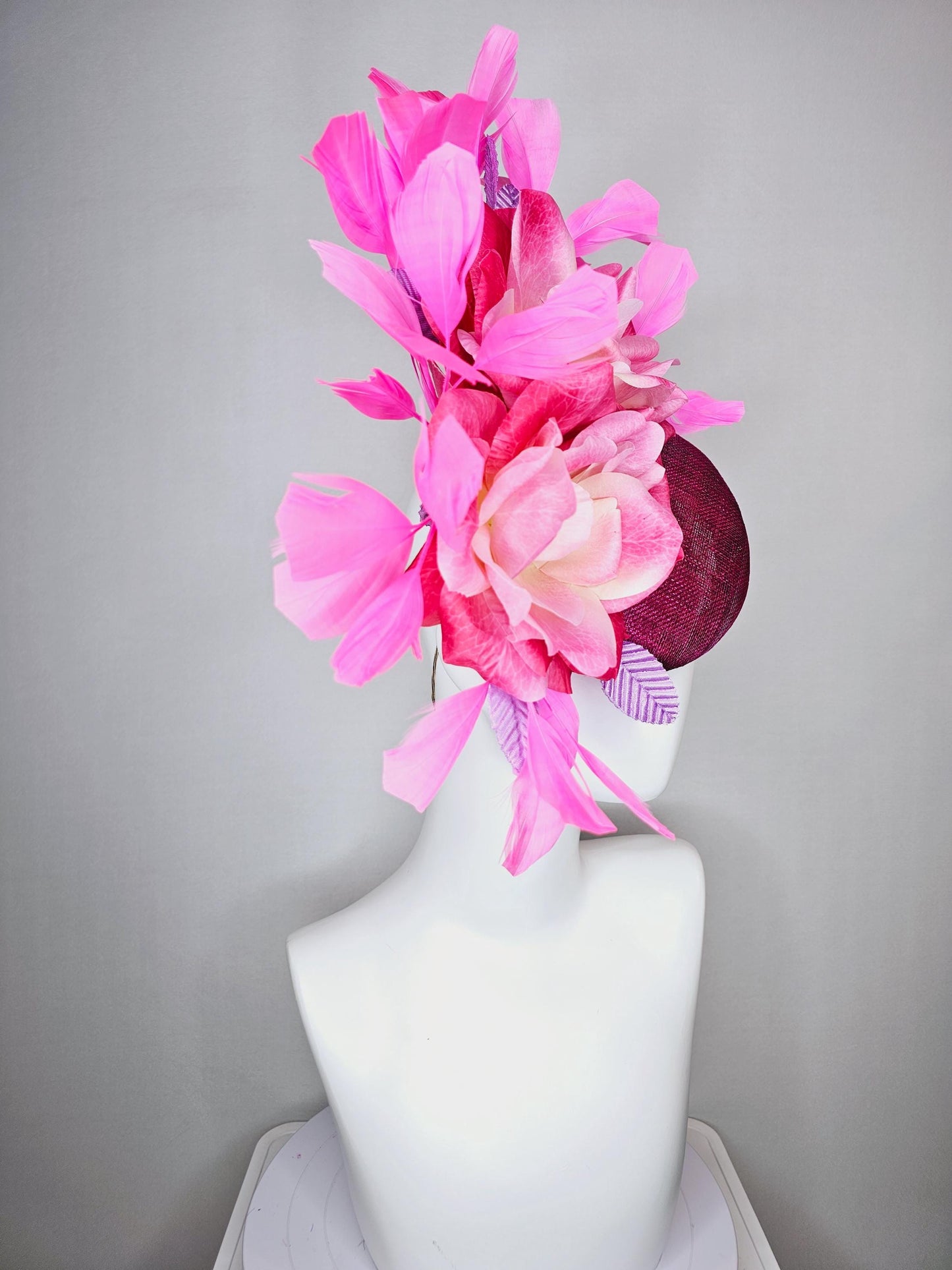 kentucky derby hat fascinator magenta purple sinamay with ombre raspberry pink satin flowers lavender leaves and pink branching feathers