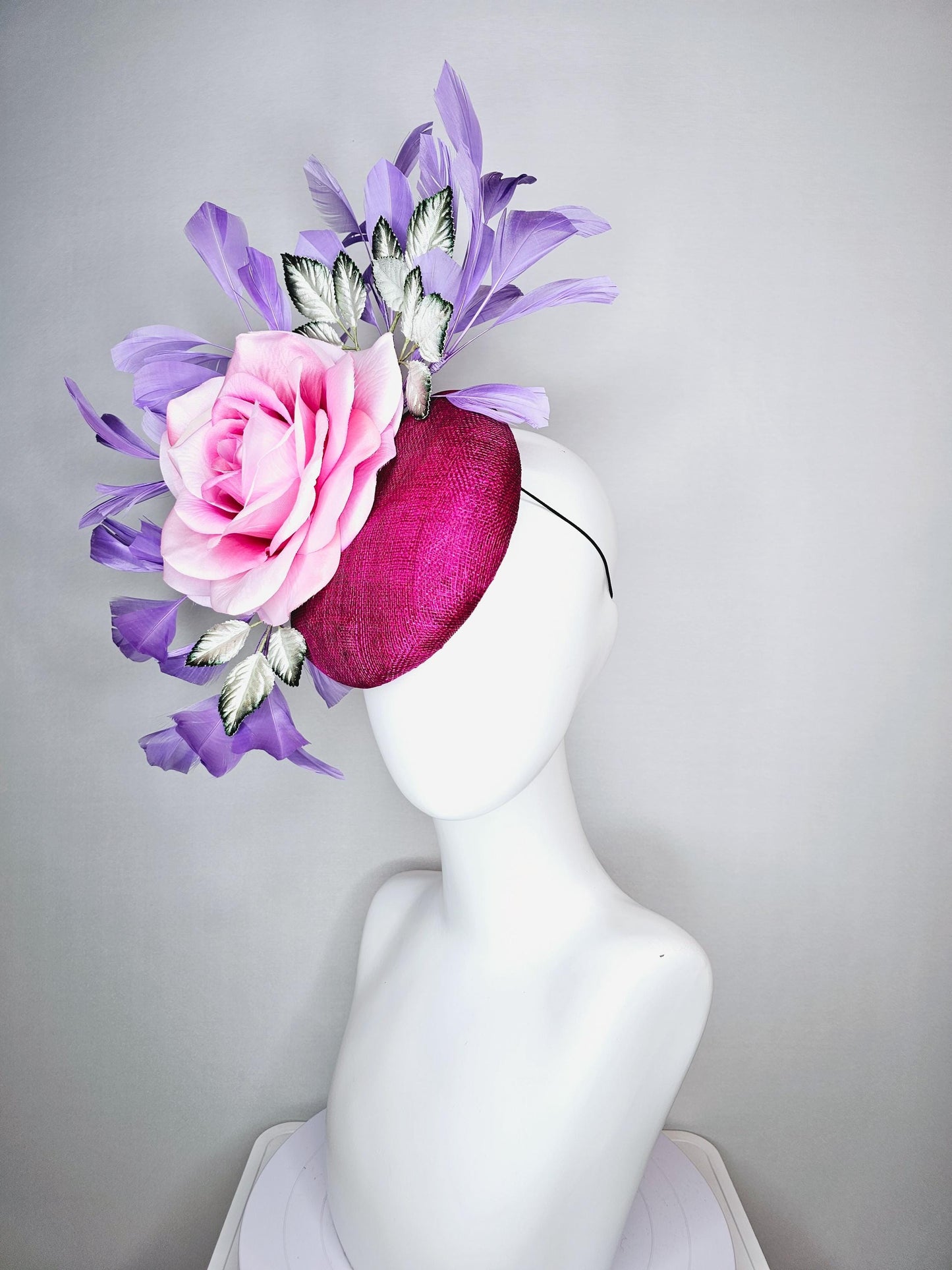 kentucky derby hat fascinator magenta purple sinamay with light pink satin rose flower ombre green leaves lavender purple branching feathers