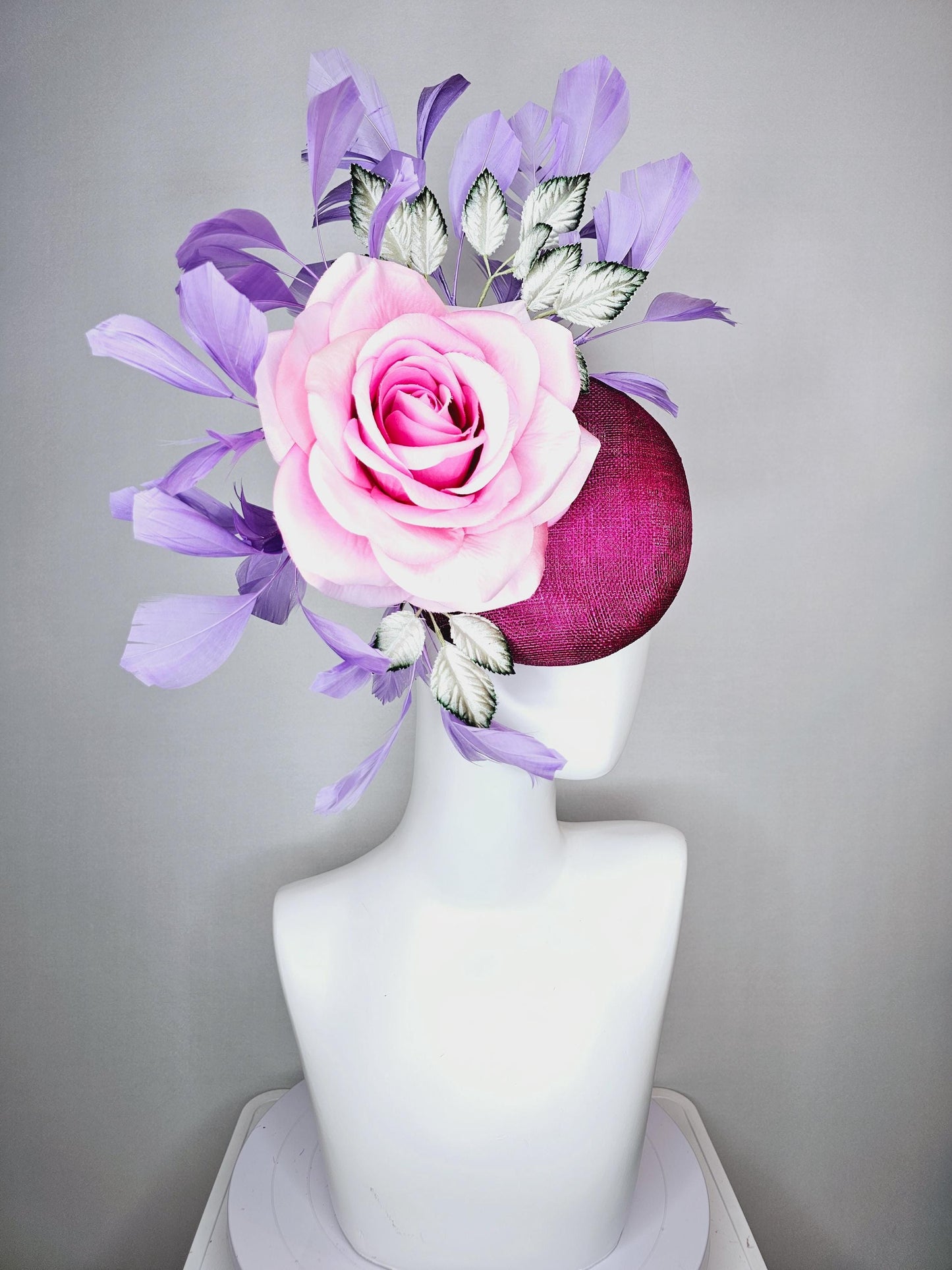 kentucky derby hat fascinator magenta purple sinamay with light pink satin rose flower ombre green leaves lavender purple branching feathers