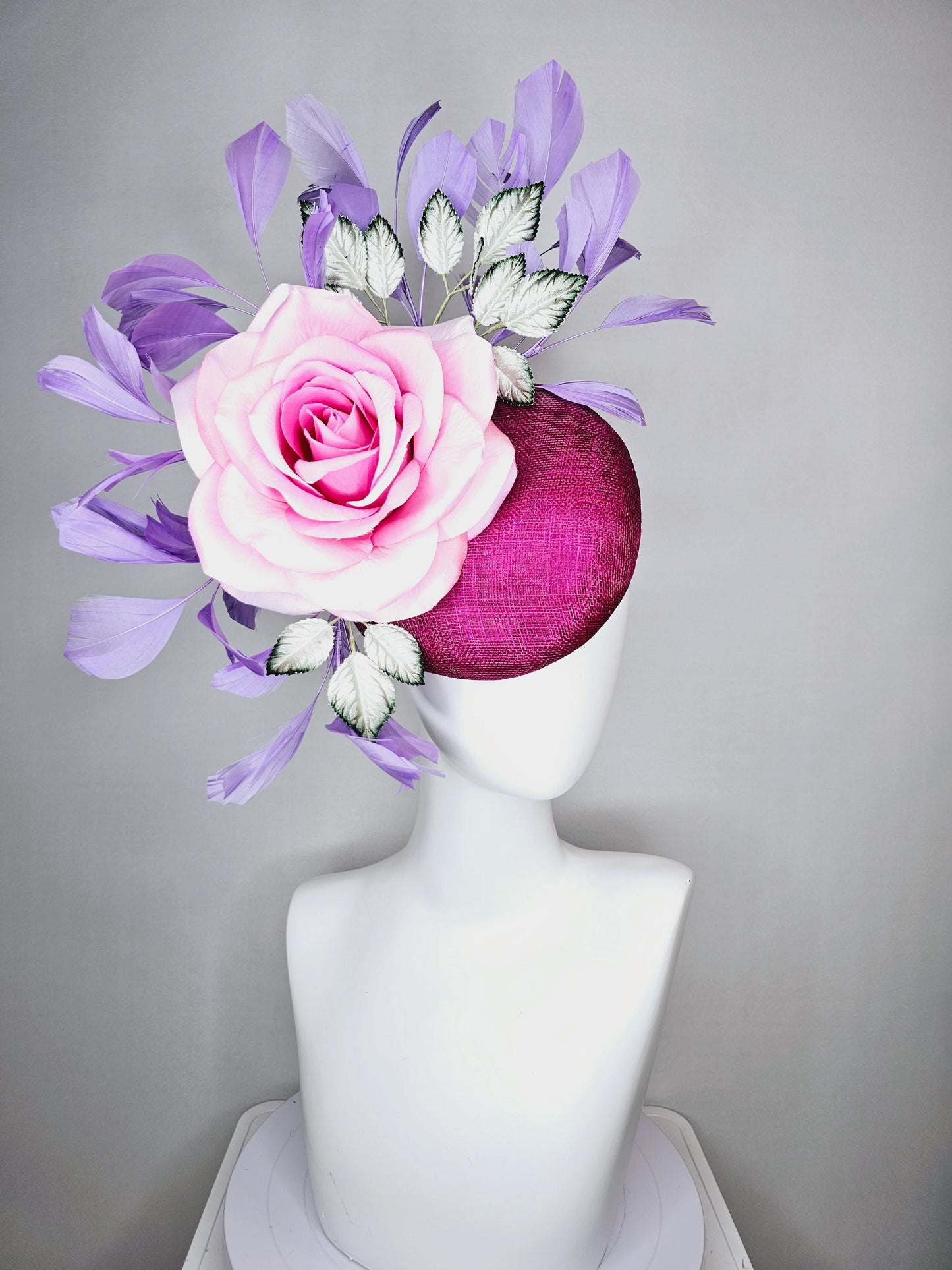 kentucky derby hat fascinator magenta purple sinamay with light pink satin rose flower ombre green leaves lavender purple branching feathers