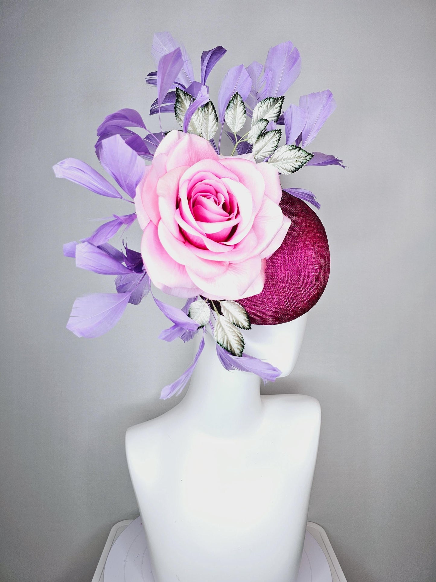 kentucky derby hat fascinator magenta purple sinamay with light pink satin rose flower ombre green leaves lavender purple branching feathers