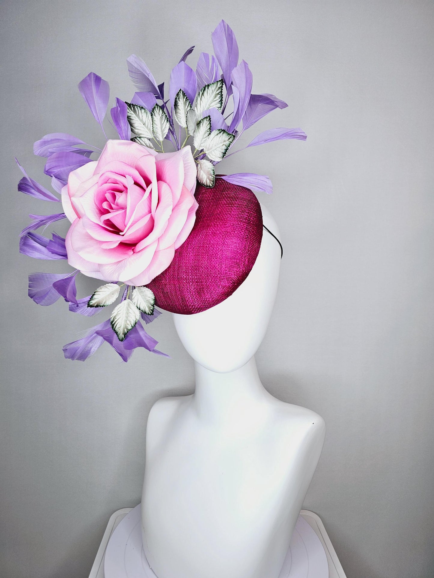 kentucky derby hat fascinator magenta purple sinamay with light pink satin rose flower ombre green leaves lavender purple branching feathers