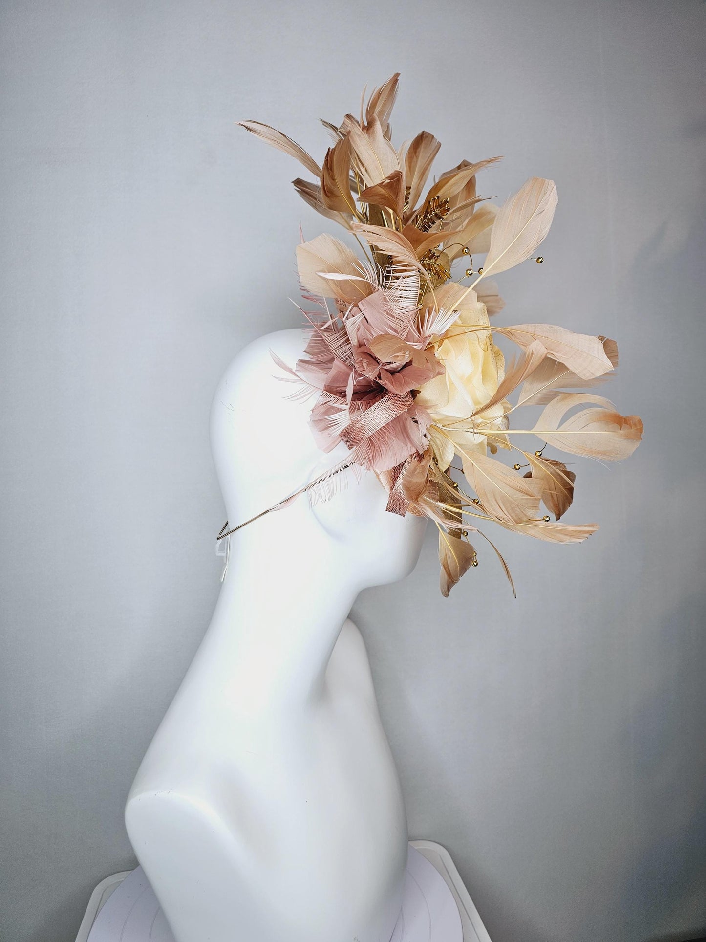 kentucky derby hat fascinator champagne pink satin with netting neutral cream satin rose flower gold leaves tan beige branching feathers