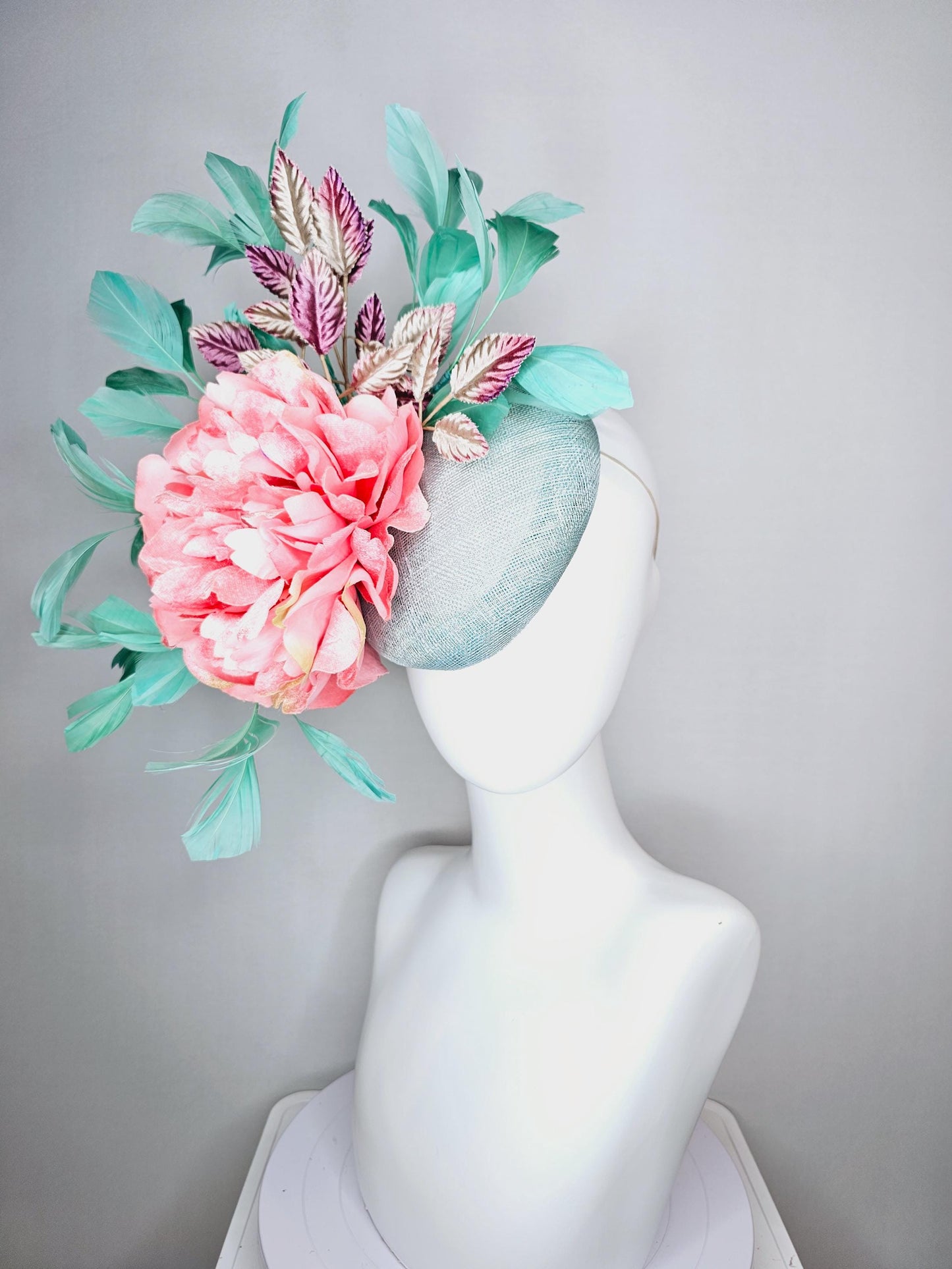 kentucky derby hat fascinator light blue sinamay baby pink satin silk flower magenta purple gold leaves aqua mint green branching feathers