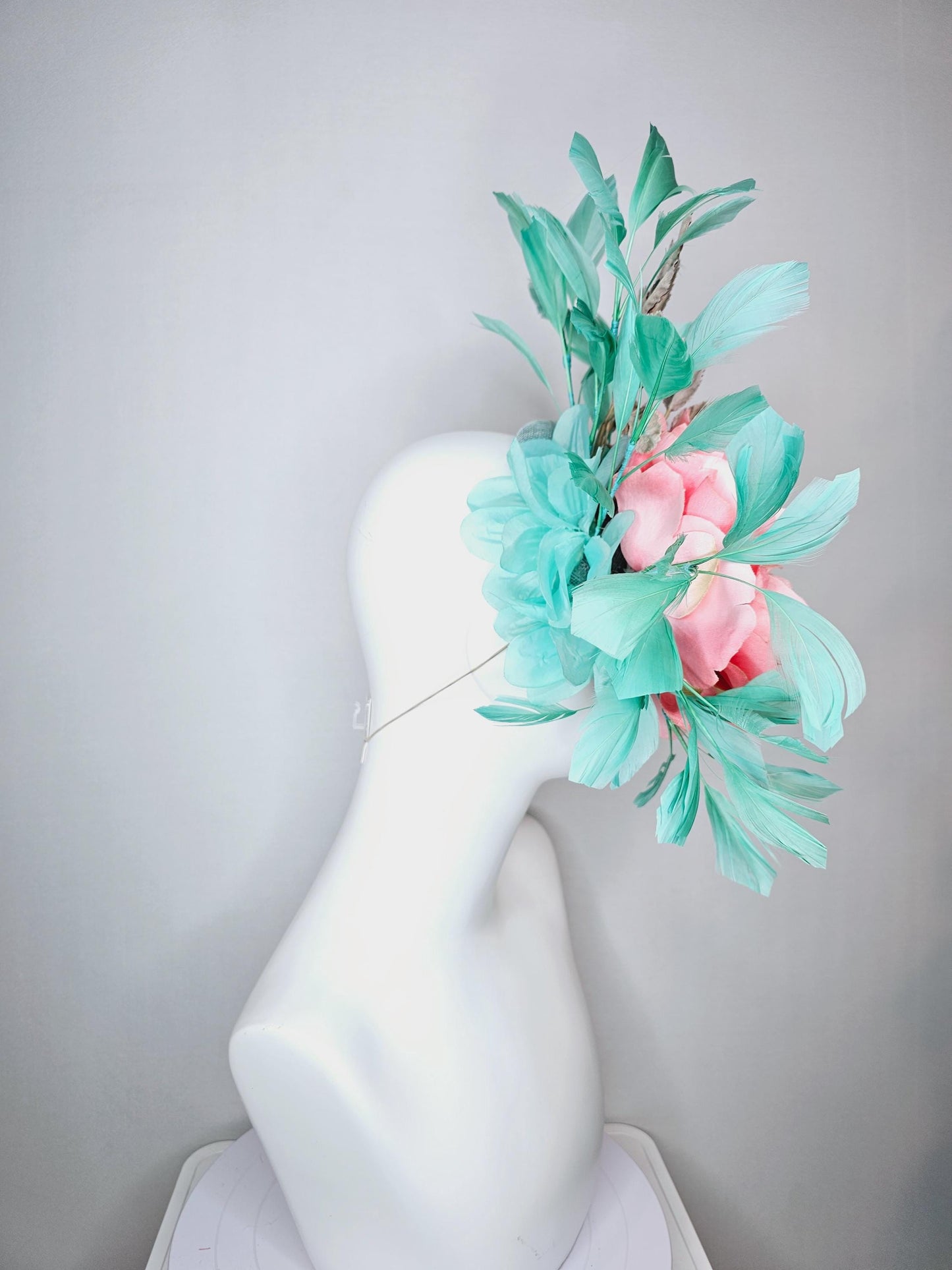 kentucky derby hat fascinator light blue sinamay baby pink satin silk flower magenta purple gold leaves aqua mint green branching feathers