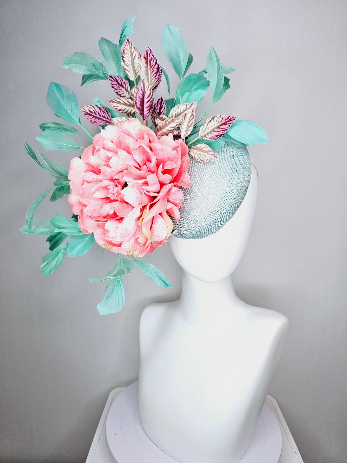 kentucky derby hat fascinator light blue sinamay baby pink satin silk flower magenta purple gold leaves aqua mint green branching feathers