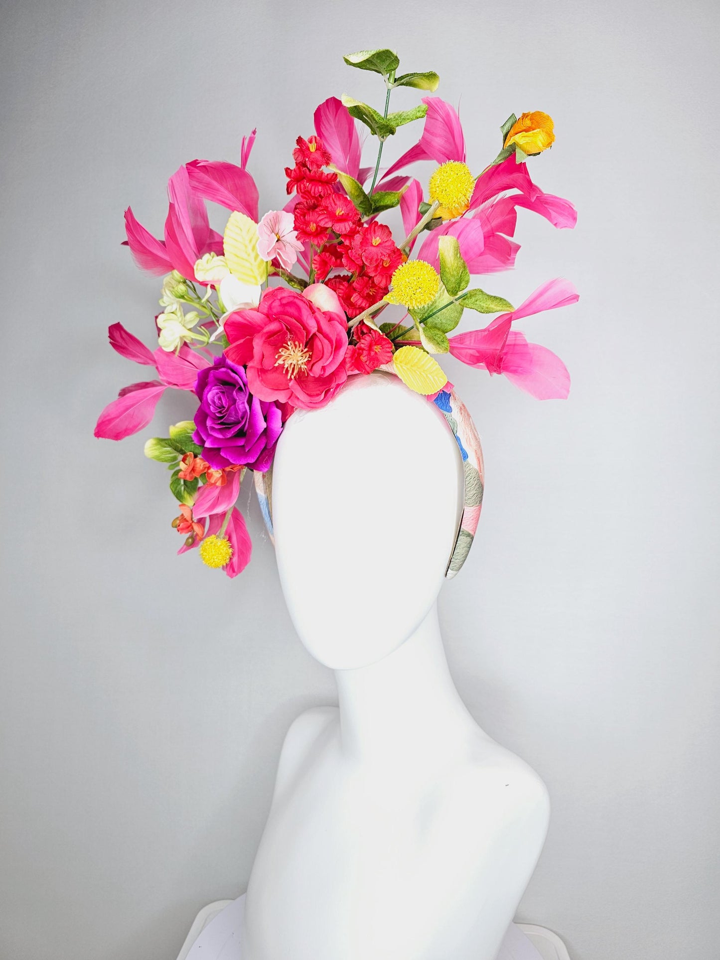 kentucky derby hat fascinator headband colorful raspberry pink magenta yellow red peach orange flowers green yellow leaves pink feathers