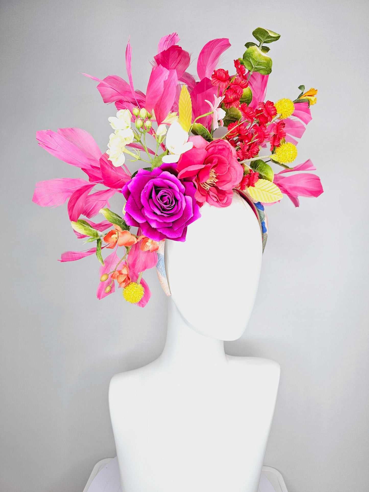 kentucky derby hat fascinator headband colorful raspberry pink magenta yellow red peach orange flowers green yellow leaves pink feathers
