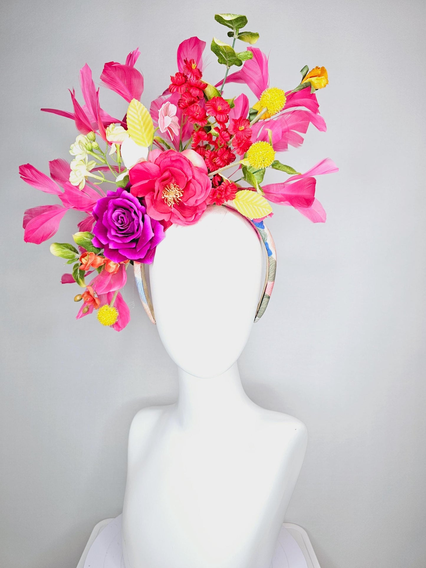 kentucky derby hat fascinator headband colorful raspberry pink magenta yellow red peach orange flowers green yellow leaves pink feathers