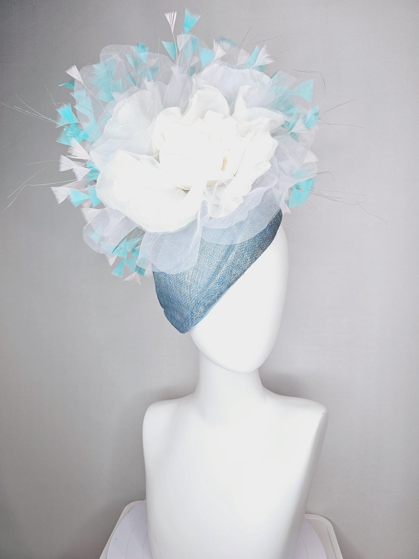 kentucky derby hat fascinator baby blue pointed teardrop sinamay with white organza satin flower and aqua blue white teal blue feathers