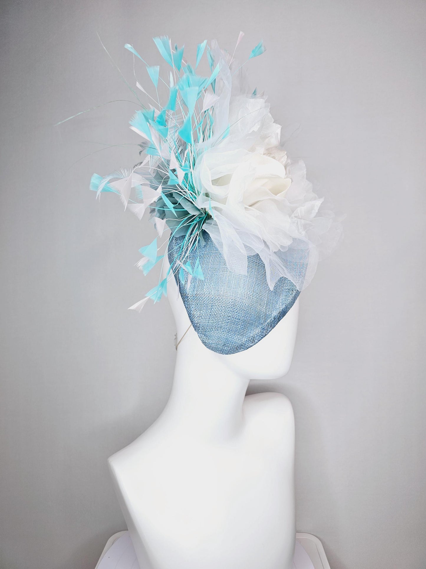 kentucky derby hat fascinator baby blue pointed teardrop sinamay with white organza satin flower and aqua blue white teal blue feathers