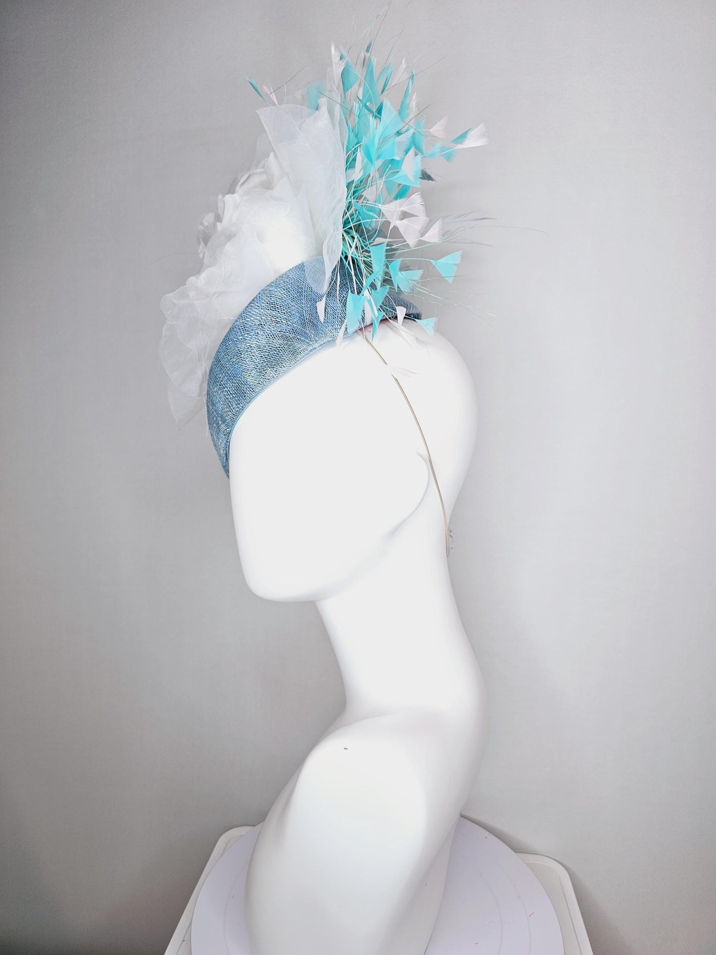 kentucky derby hat fascinator baby blue pointed teardrop sinamay with white organza satin flower and aqua blue white teal blue feathers