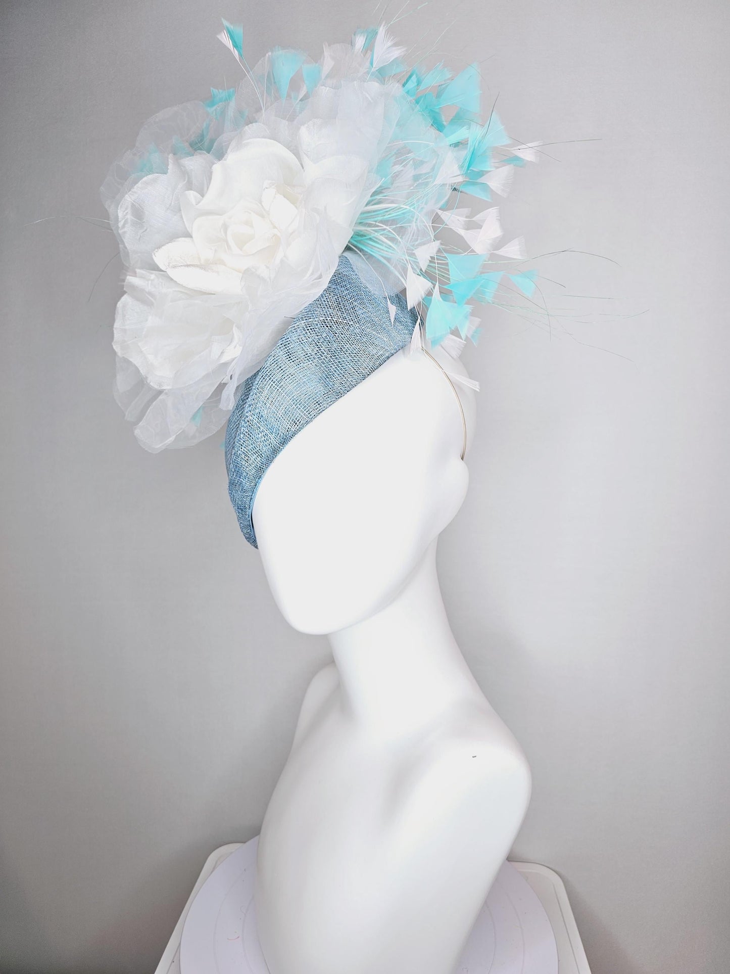 kentucky derby hat fascinator baby blue pointed teardrop sinamay with white organza satin flower and aqua blue white teal blue feathers
