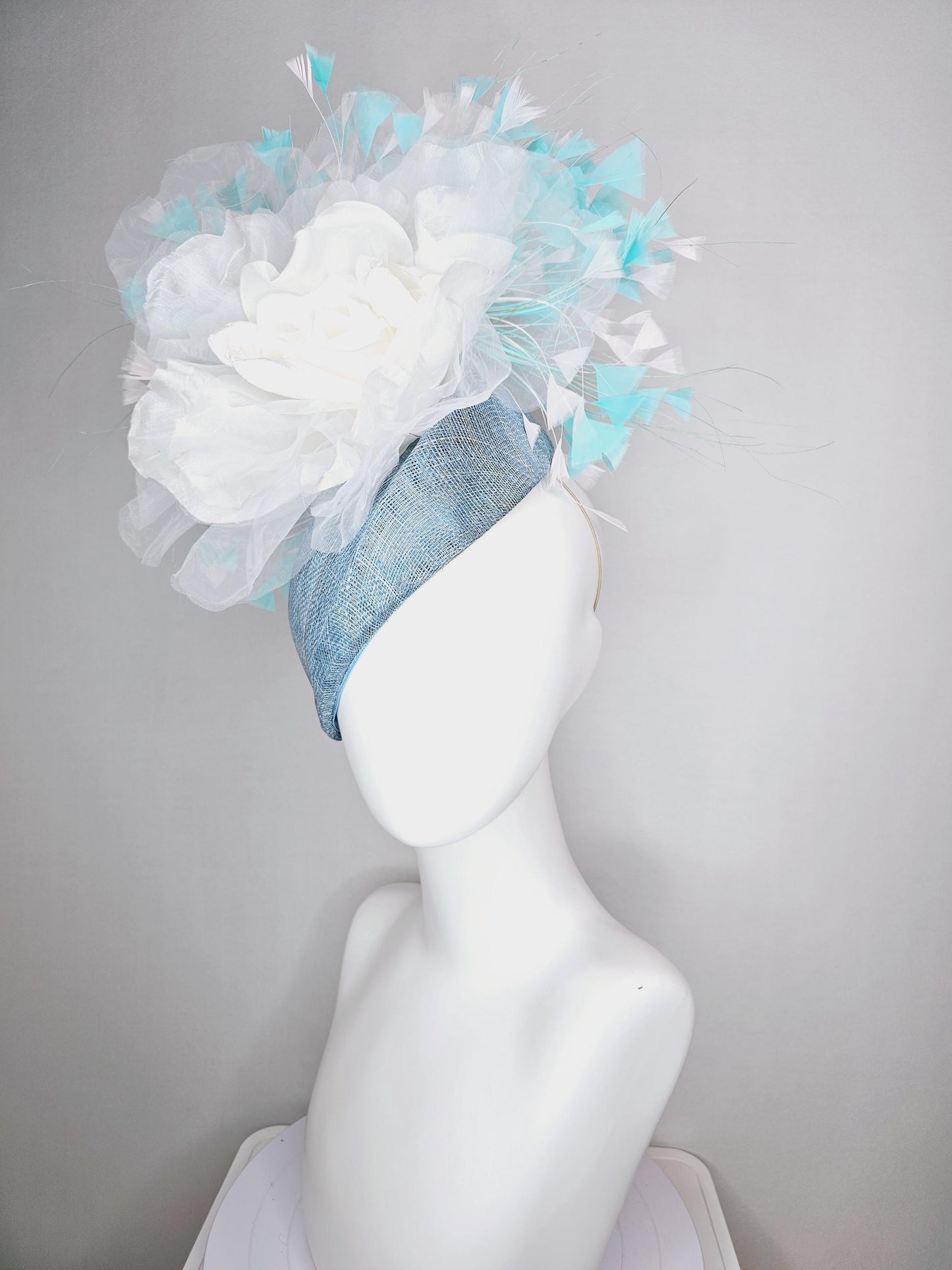 kentucky derby hat fascinator baby blue pointed teardrop sinamay with white organza satin flower and aqua blue white teal blue feathers