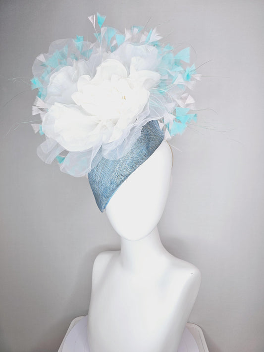 kentucky derby hat fascinator baby blue pointed teardrop sinamay with white organza satin flower and aqua blue white teal blue feathers