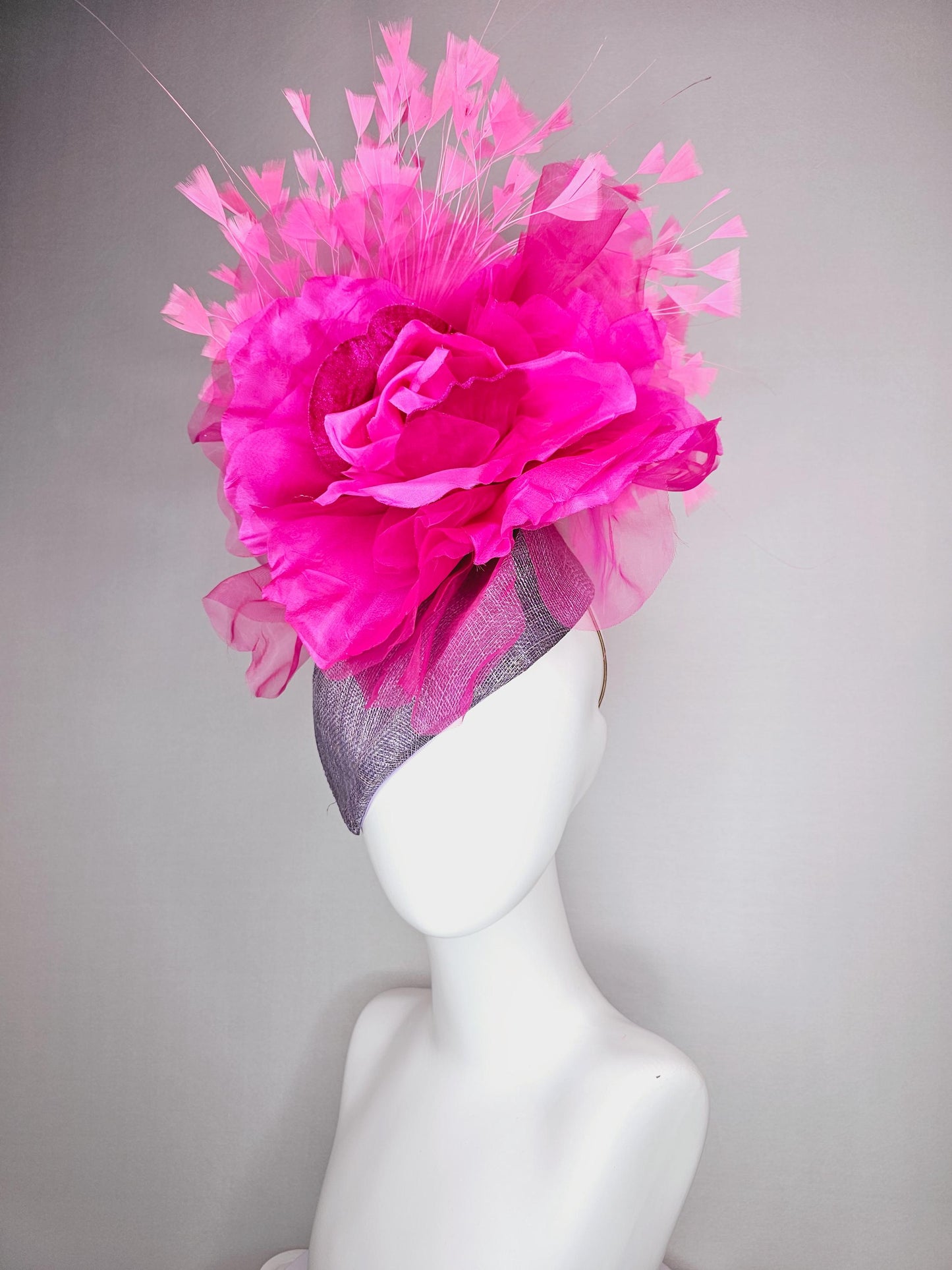kentucky derby hat fascinator lavender purple pointed teardrop perch sinamay large bright pink organza satin flower and baby pink feathers