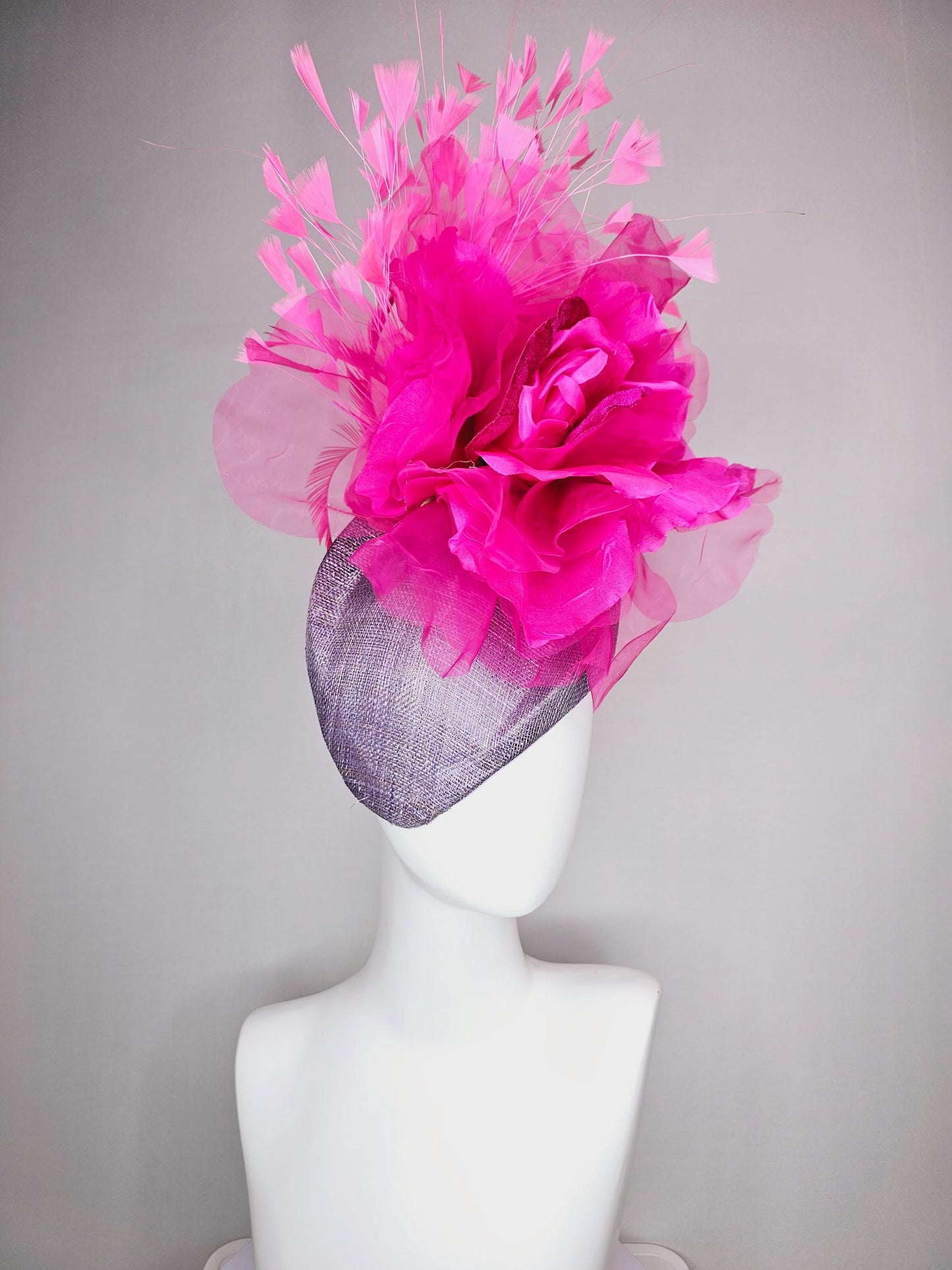 kentucky derby hat fascinator lavender purple pointed teardrop perch sinamay large bright pink organza satin flower and baby pink feathers