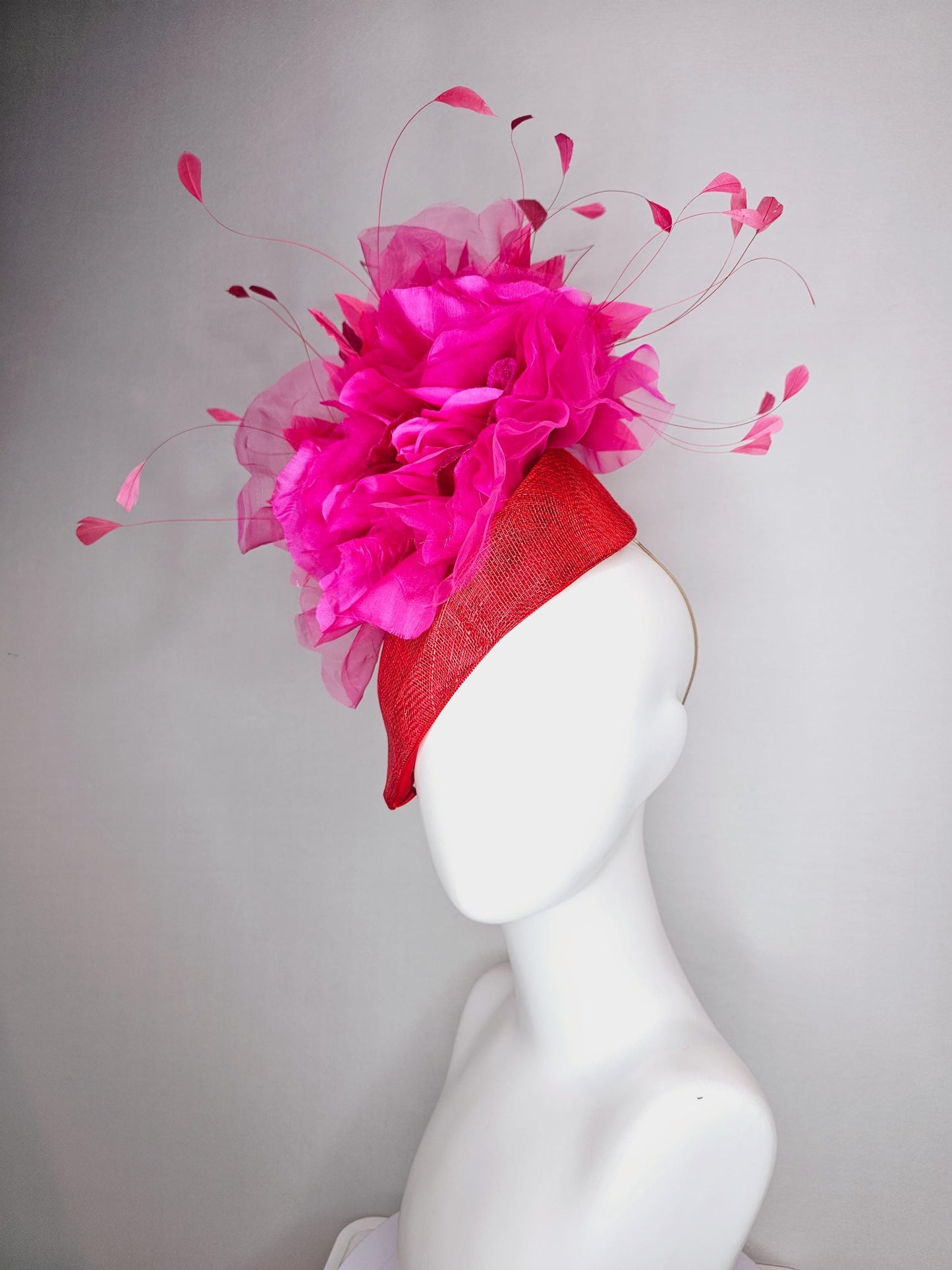 kentucky derby hat fascinator scarlet red pointed teardrop perch sinamay large bright pink organza satin flower hot pink branching feathers