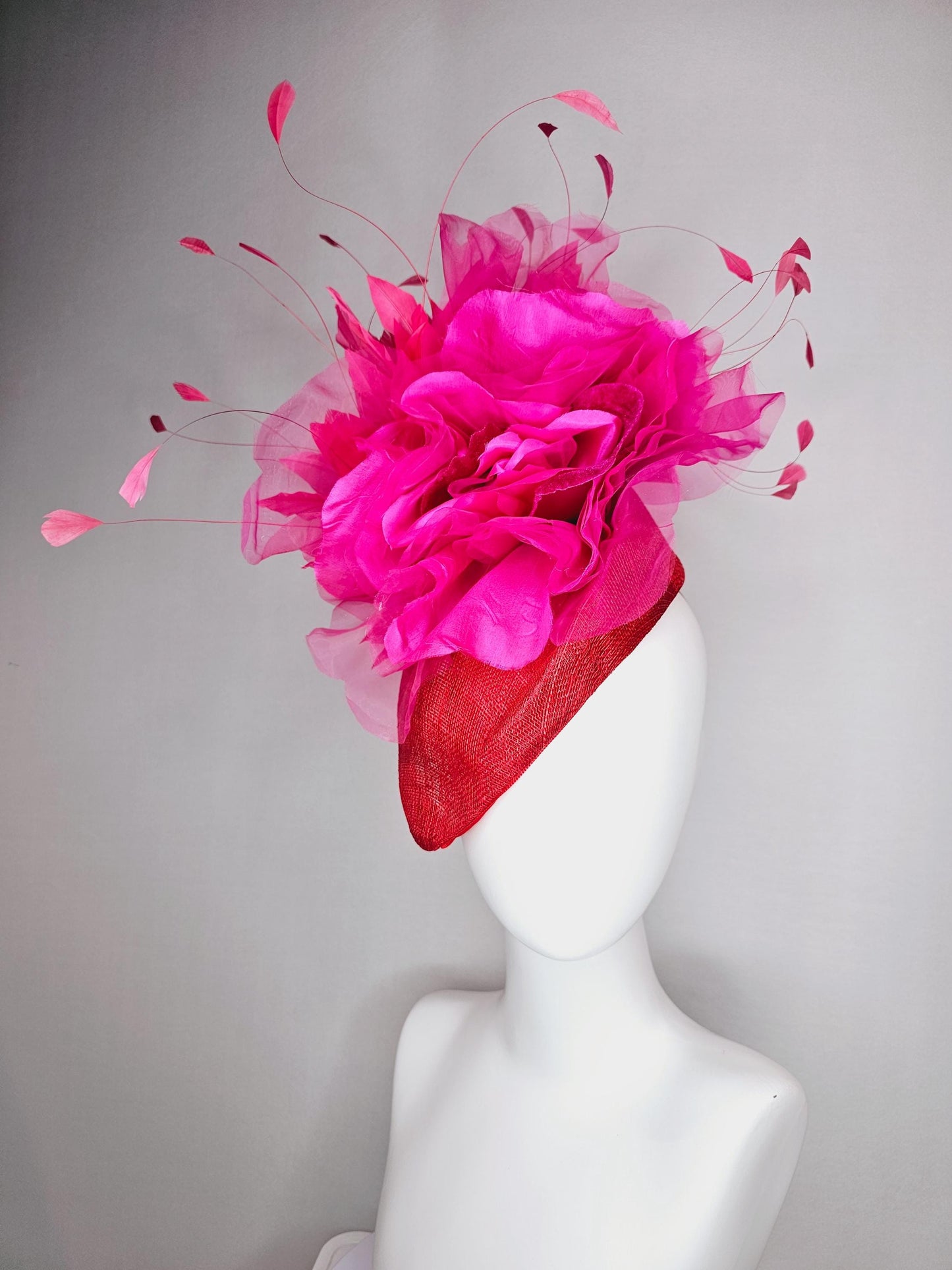 kentucky derby hat fascinator scarlet red pointed teardrop perch sinamay large bright pink organza satin flower hot pink branching feathers