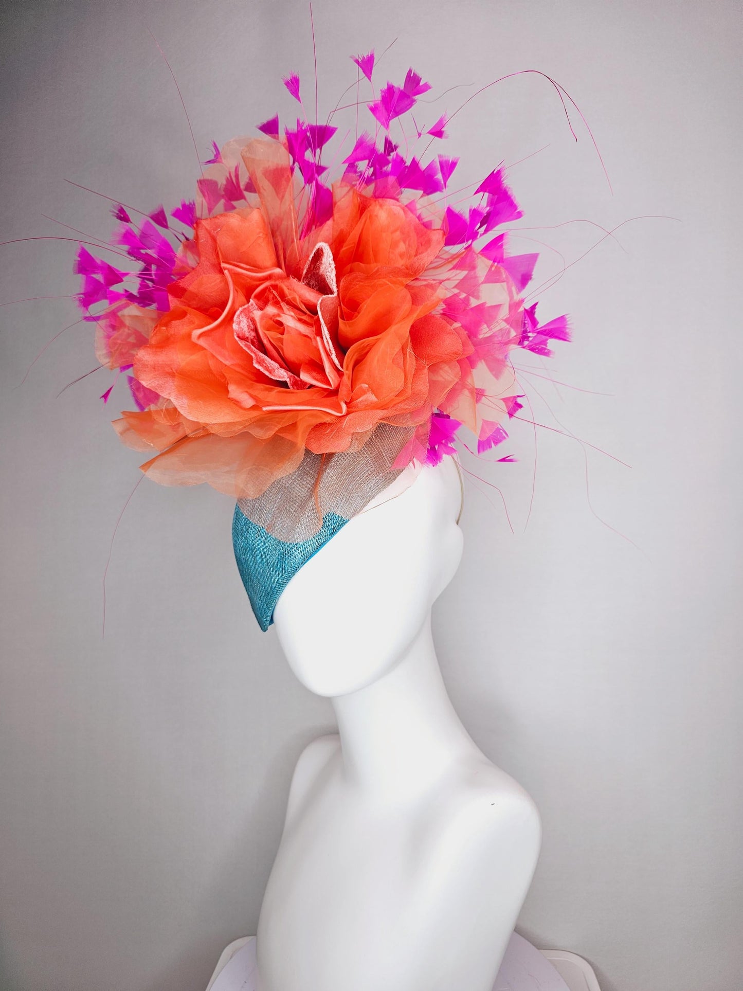 kentucky derby hat fascinator turquoise sky blue pointed teardrop sinamay large salmon orange organza satin flower fuchsia pink feathers