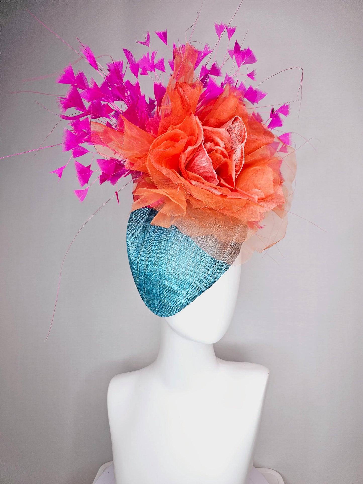 kentucky derby hat fascinator turquoise sky blue pointed teardrop sinamay large salmon orange organza satin flower fuchsia pink feathers