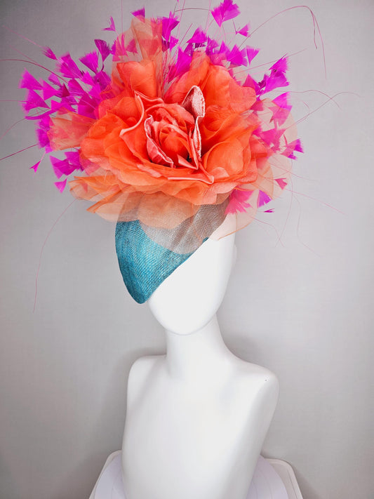kentucky derby hat fascinator turquoise sky blue pointed teardrop sinamay large salmon orange organza satin flower fuchsia pink feathers