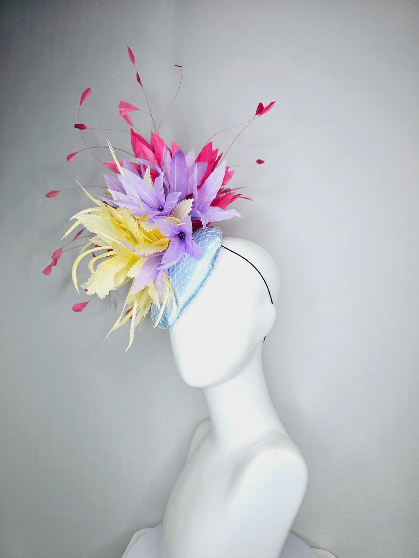 kentucky derby hat fascinator colorful baby blue satin with netting pastel yellow lavender purple feather flowers raspberry pink feathers