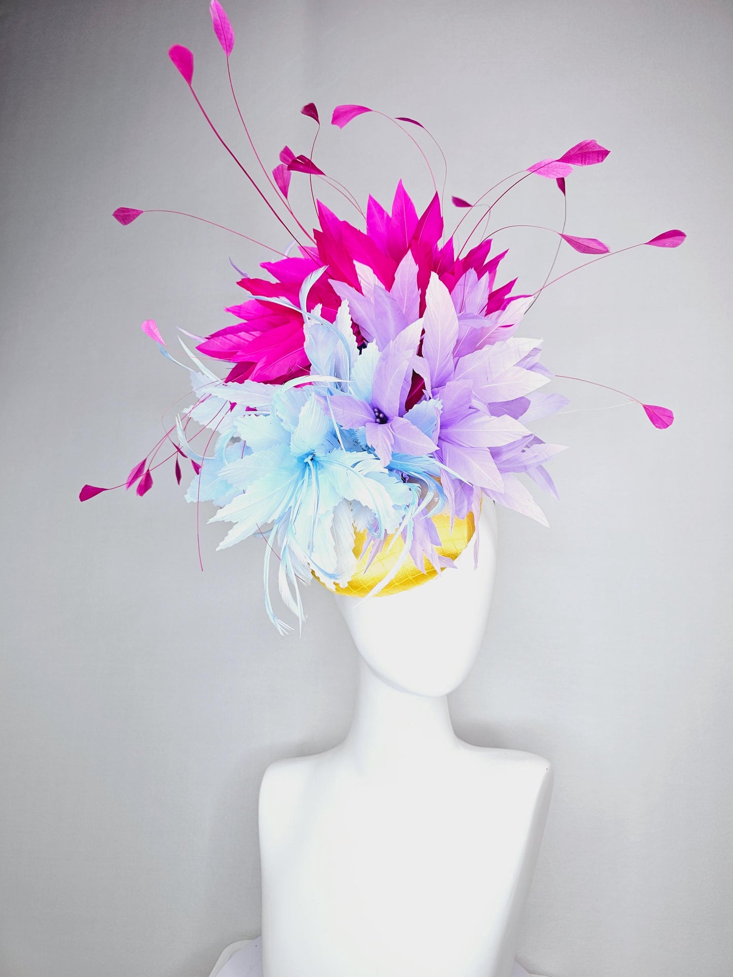kentucky derby hat fascinator colorful yellow satin with netting baby blue and lavender purple feather flowers bright pink feathers