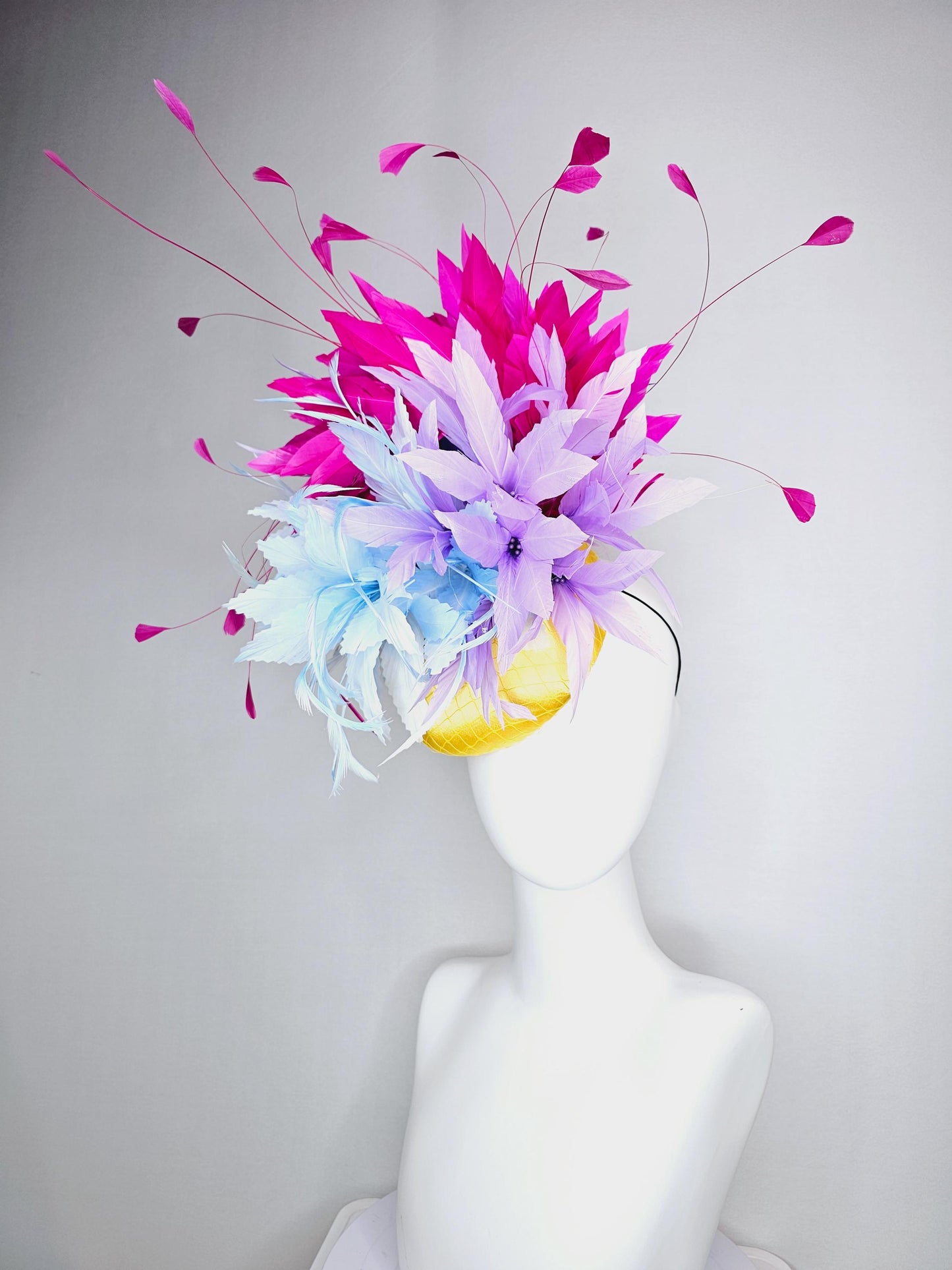 kentucky derby hat fascinator colorful yellow satin with netting baby blue and lavender purple feather flowers bright pink feathers