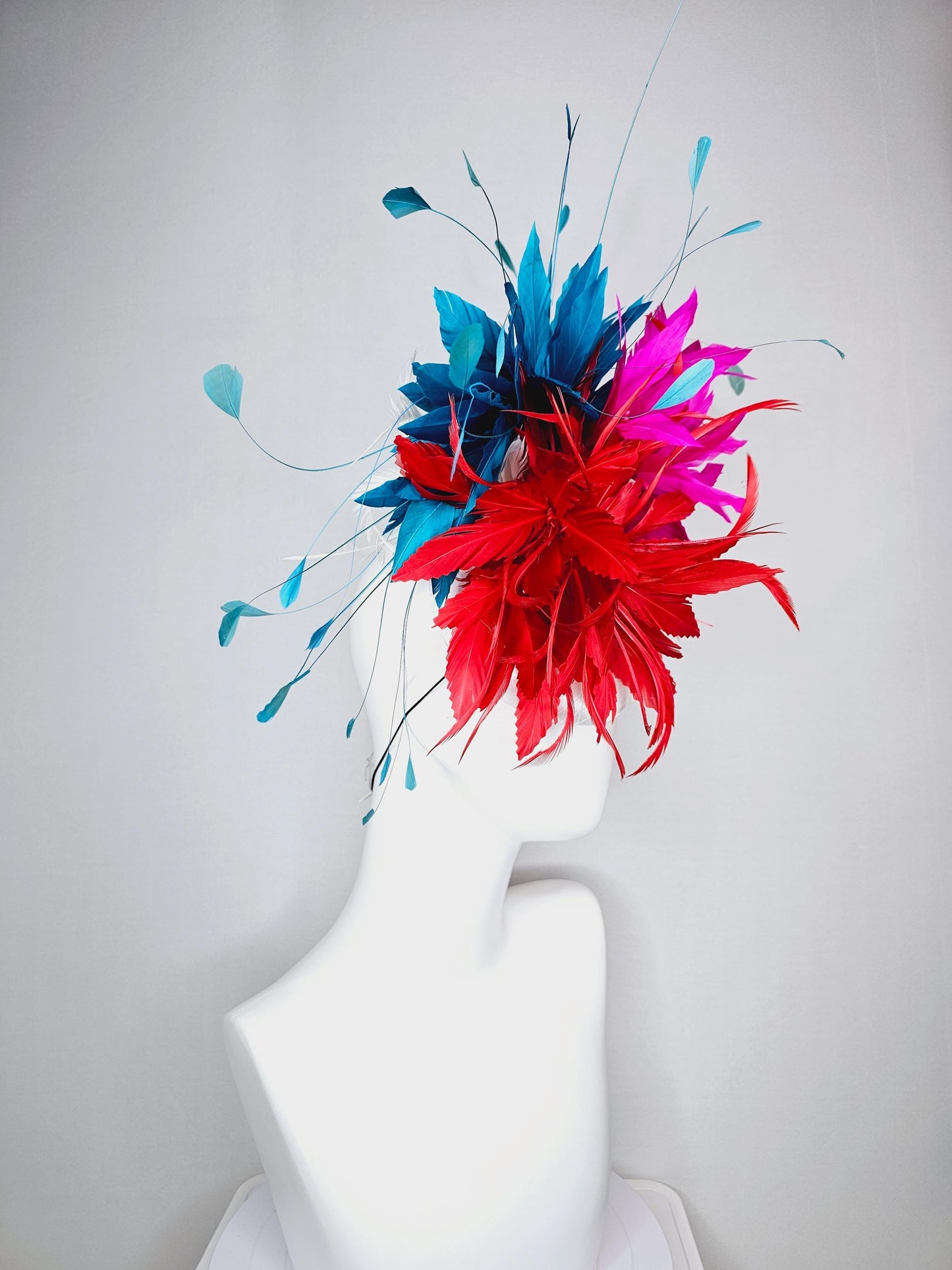 kentucky derby hat fascinator colorful white satin with netting scarlet red and bright fuchsia pink feather flowers and teal blue feathers