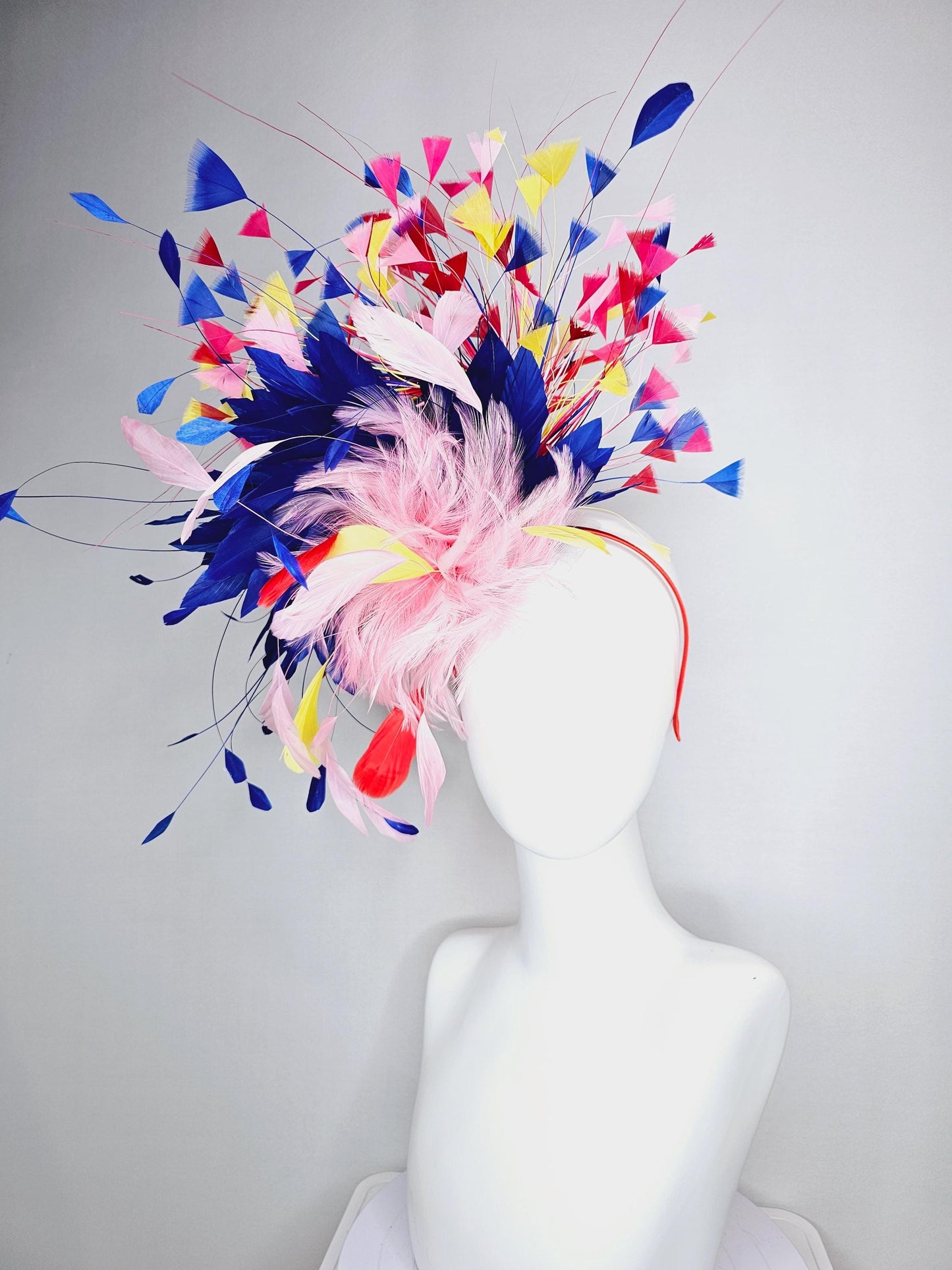 kentucky derby hat fascinator light pink and red feather flowers with colorful light pink yellow royal cobalt blue red branching feathers