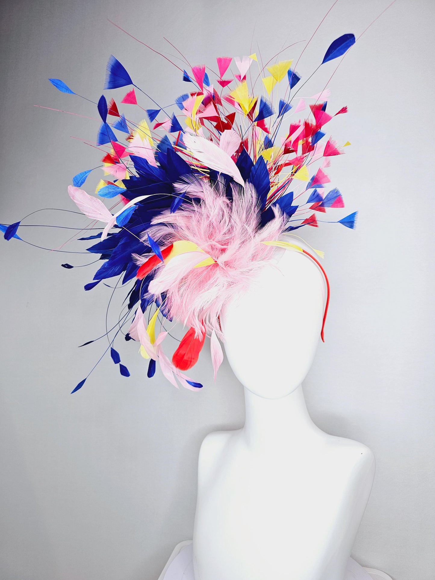kentucky derby hat fascinator light pink and red feather flowers with colorful light pink yellow royal cobalt blue red branching feathers