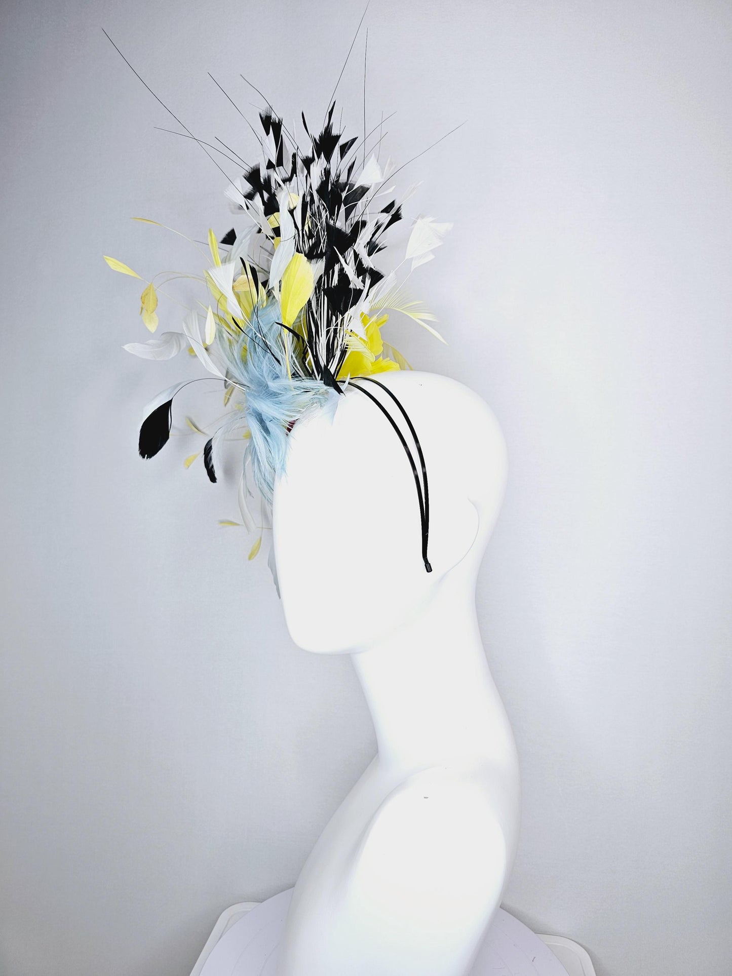 kentucky derby hat fascinator fluffy baby blue feather flower with colorful yellow white black branching feathers
