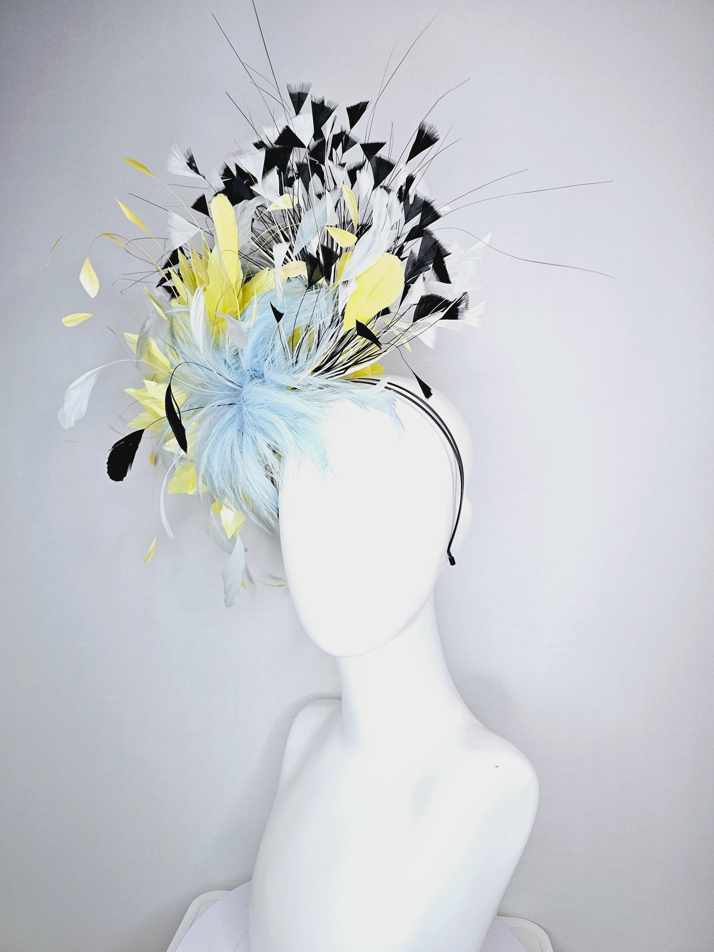 kentucky derby hat fascinator fluffy baby blue feather flower with colorful yellow white black branching feathers