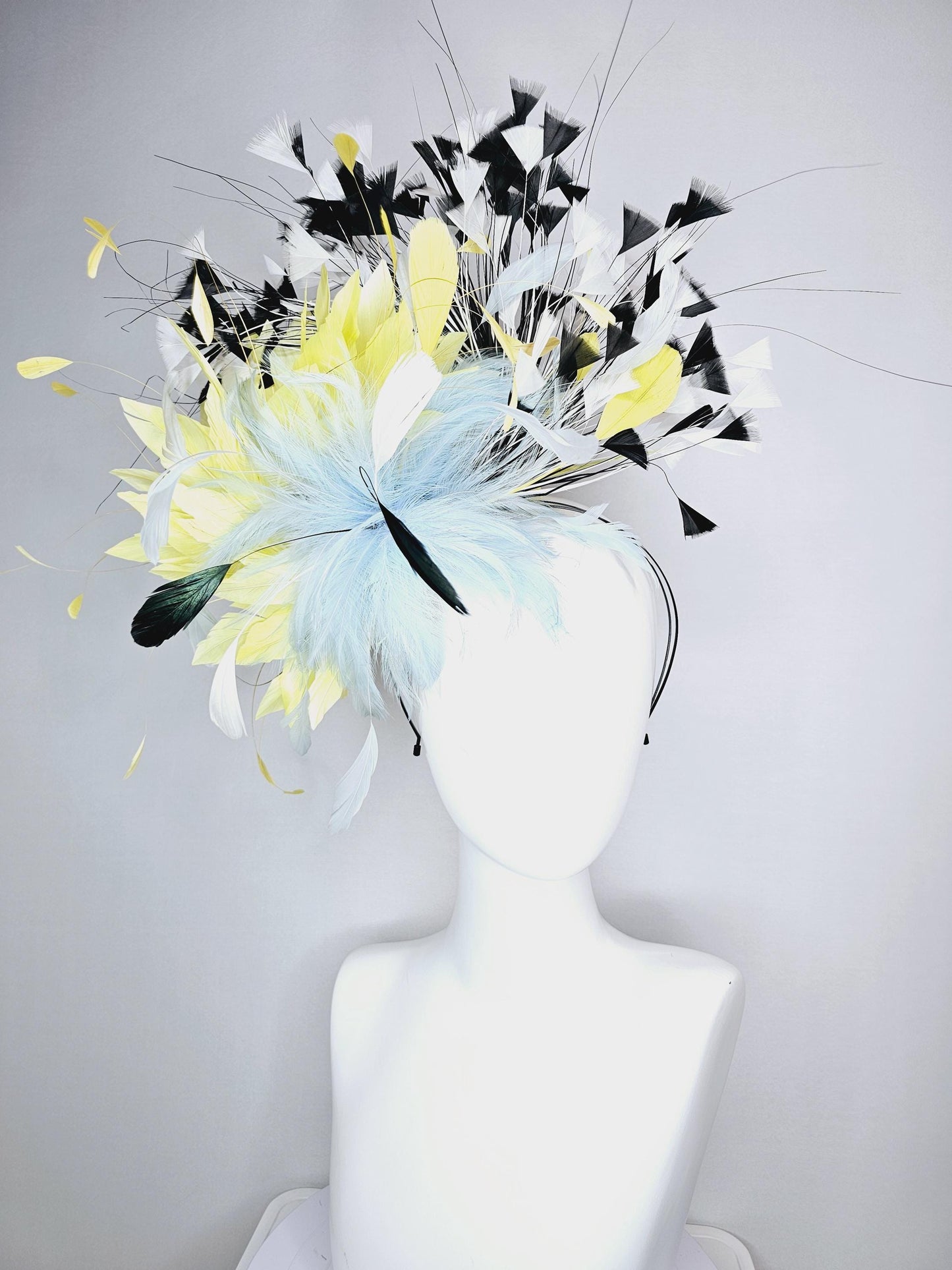 kentucky derby hat fascinator fluffy baby blue feather flower with colorful yellow white black branching feathers