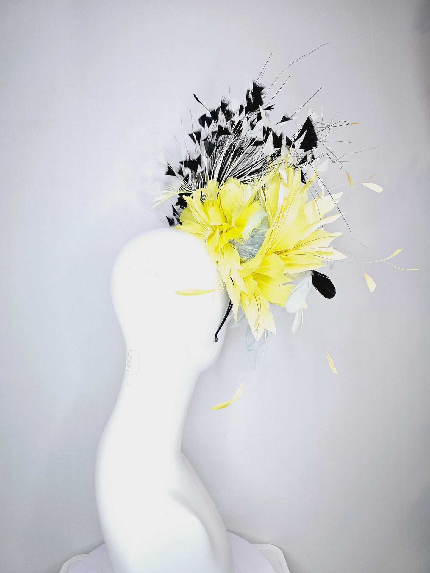 kentucky derby hat fascinator fluffy baby blue feather flower with colorful yellow white black branching feathers