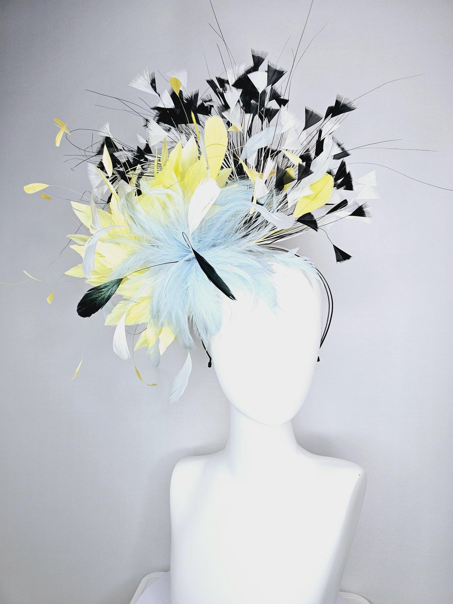 kentucky derby hat fascinator fluffy baby blue feather flower with colorful yellow white black branching feathers