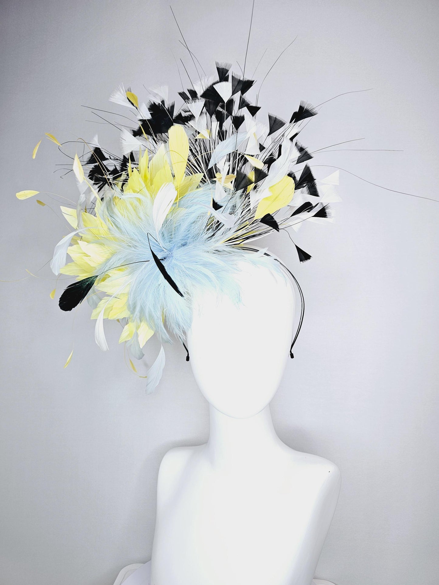 kentucky derby hat fascinator fluffy baby blue feather flower with colorful yellow white black branching feathers